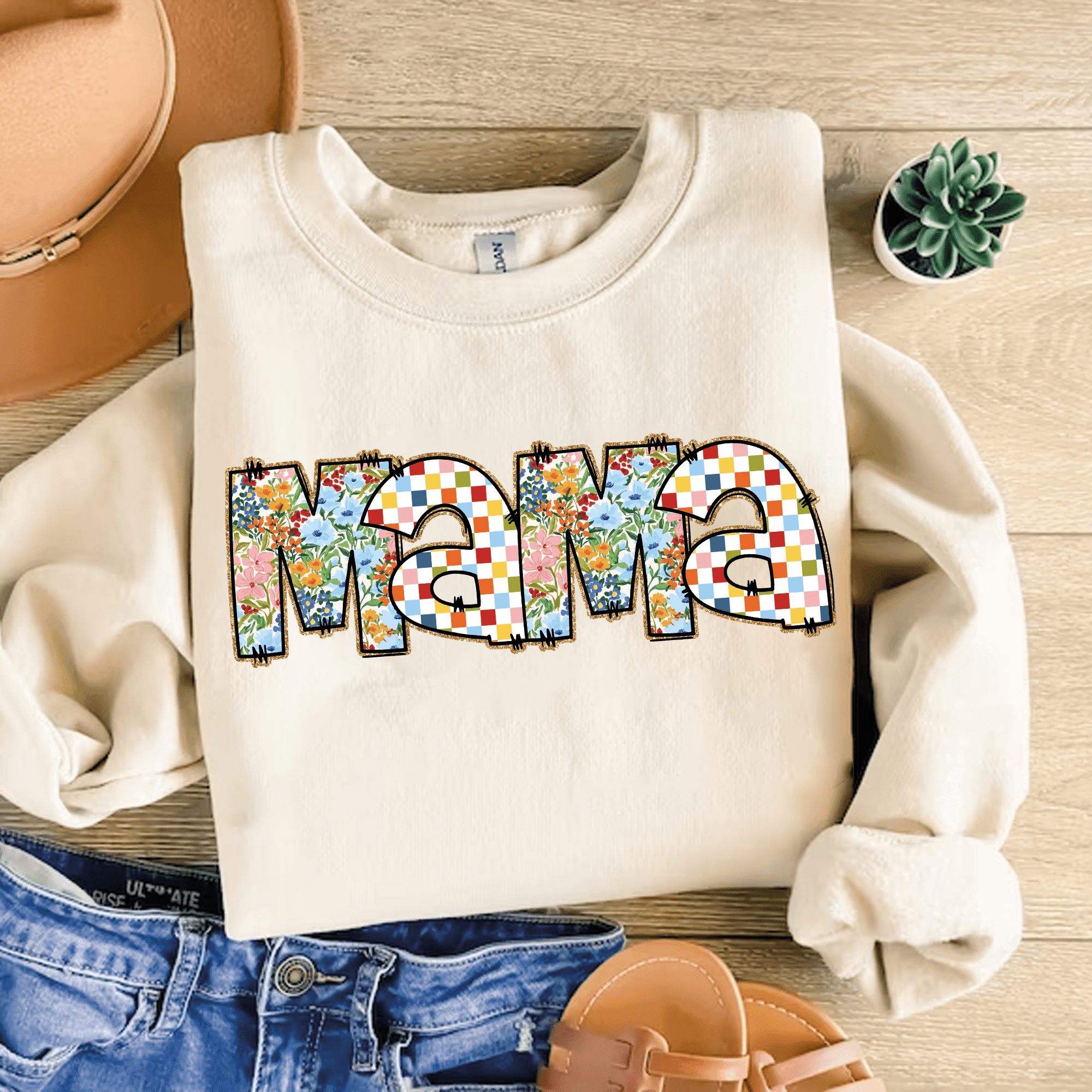 Bügelbild Mama – Blumen & Retro-Karomuster PNG für Muttertag - Sewando
