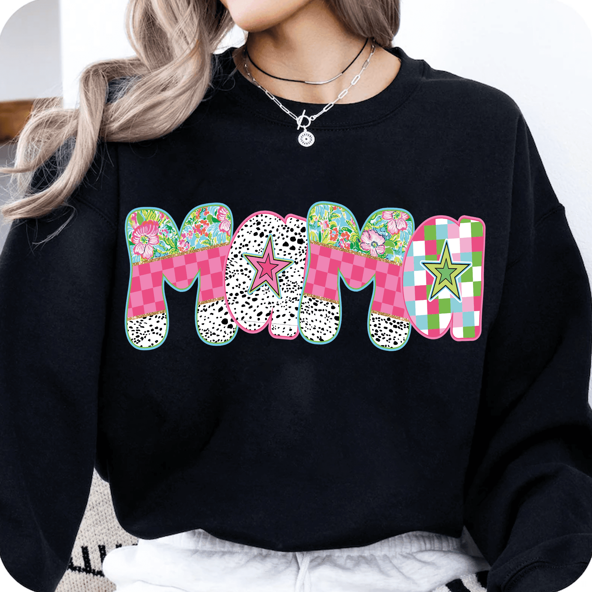 Bügelbild Mama – Florales Patchwork mit Sternen im Retro-Stil | PNG - Sewando