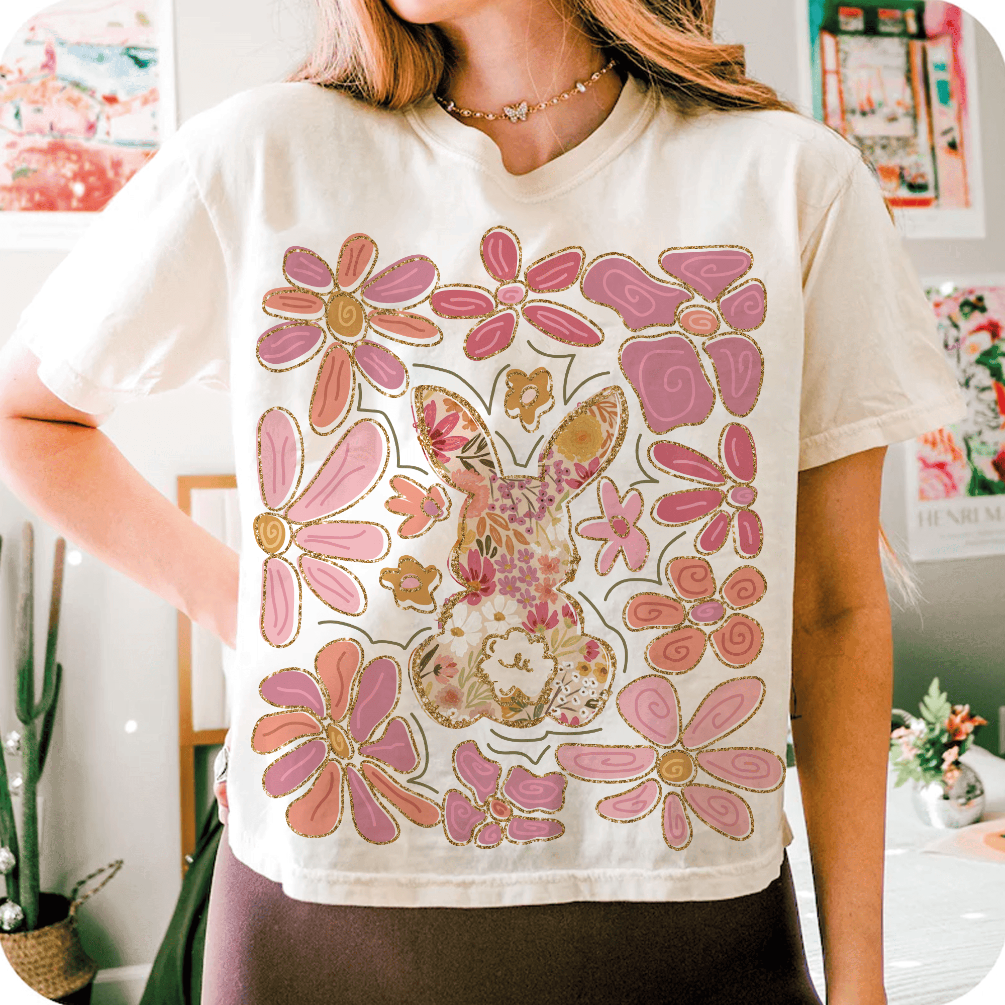 Boho Osterhase mit Blumen – PNG Bügelbild für DIY-Projekte & Frühling - Sewando
