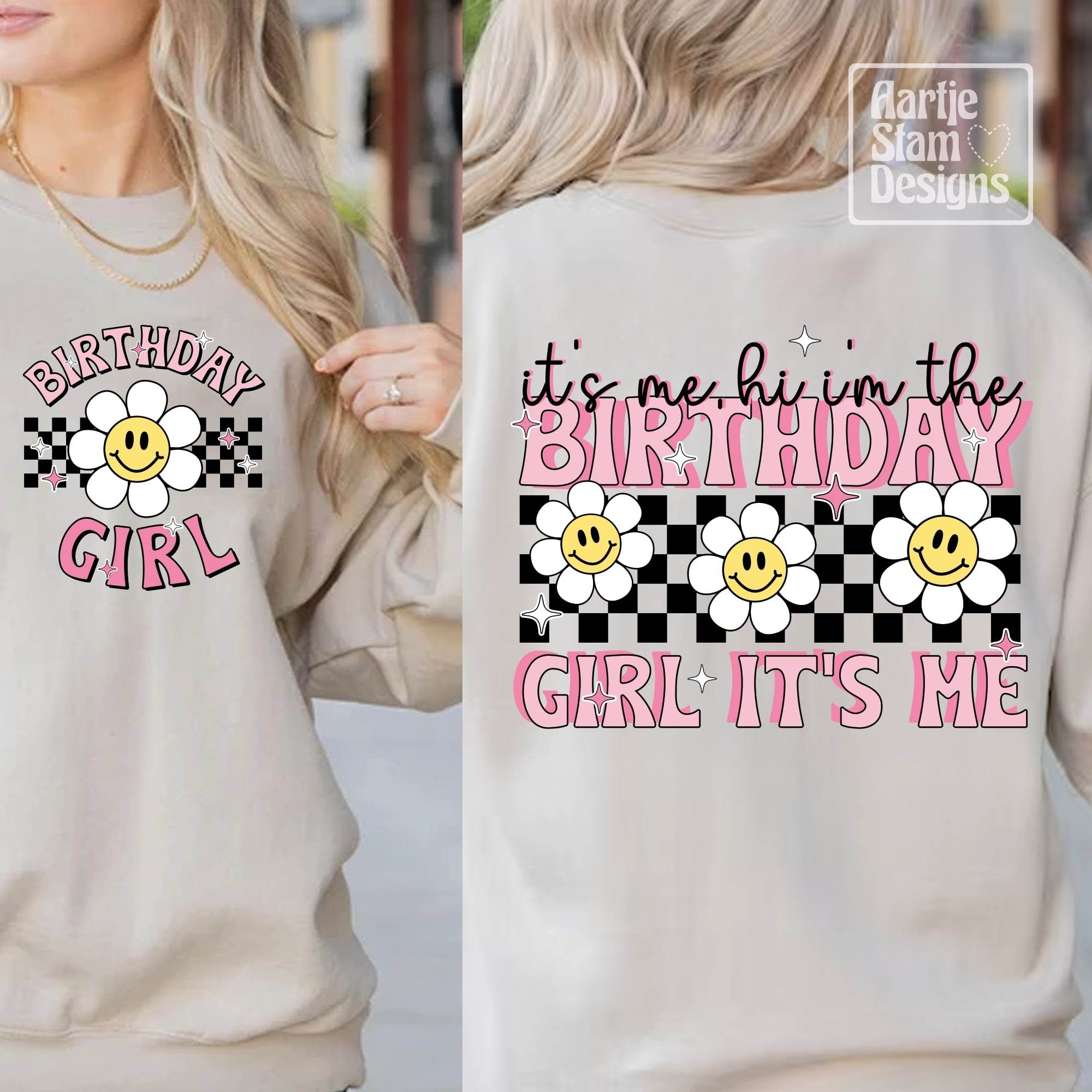 Birthday Girl – Bügelbild mit Smiley-Blumen & Spruch „It’s me, hi, I’m the Birthday Girl“ - Sewando