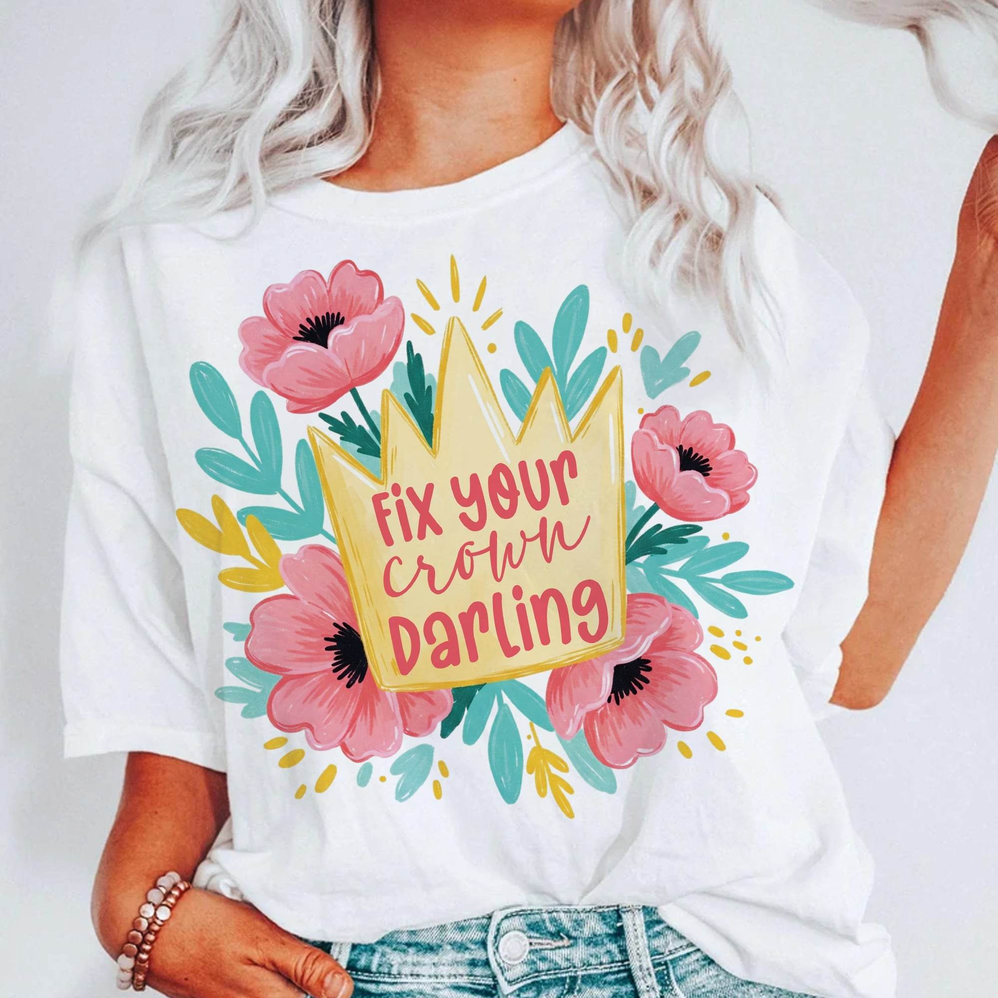 Empowerment-Sublimationsdesign „Fix your crown, darling“ – florale Krone mit Mutmach-Botschaft 💐👑 - Sewando