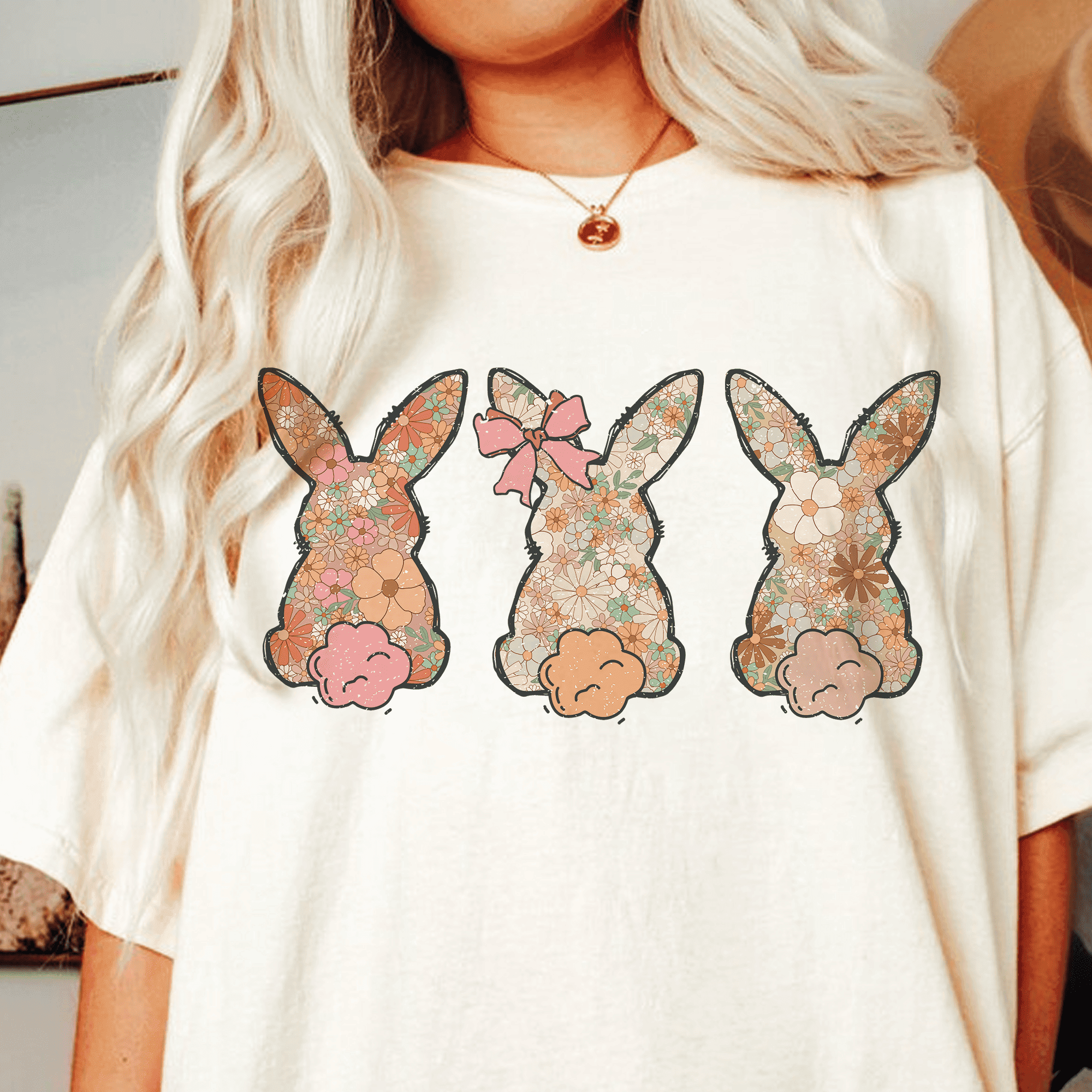 Bügelbild Drei florale Osterhasen – Frühlingshafte PNG Datei für DIY & Kleidung - Sewando