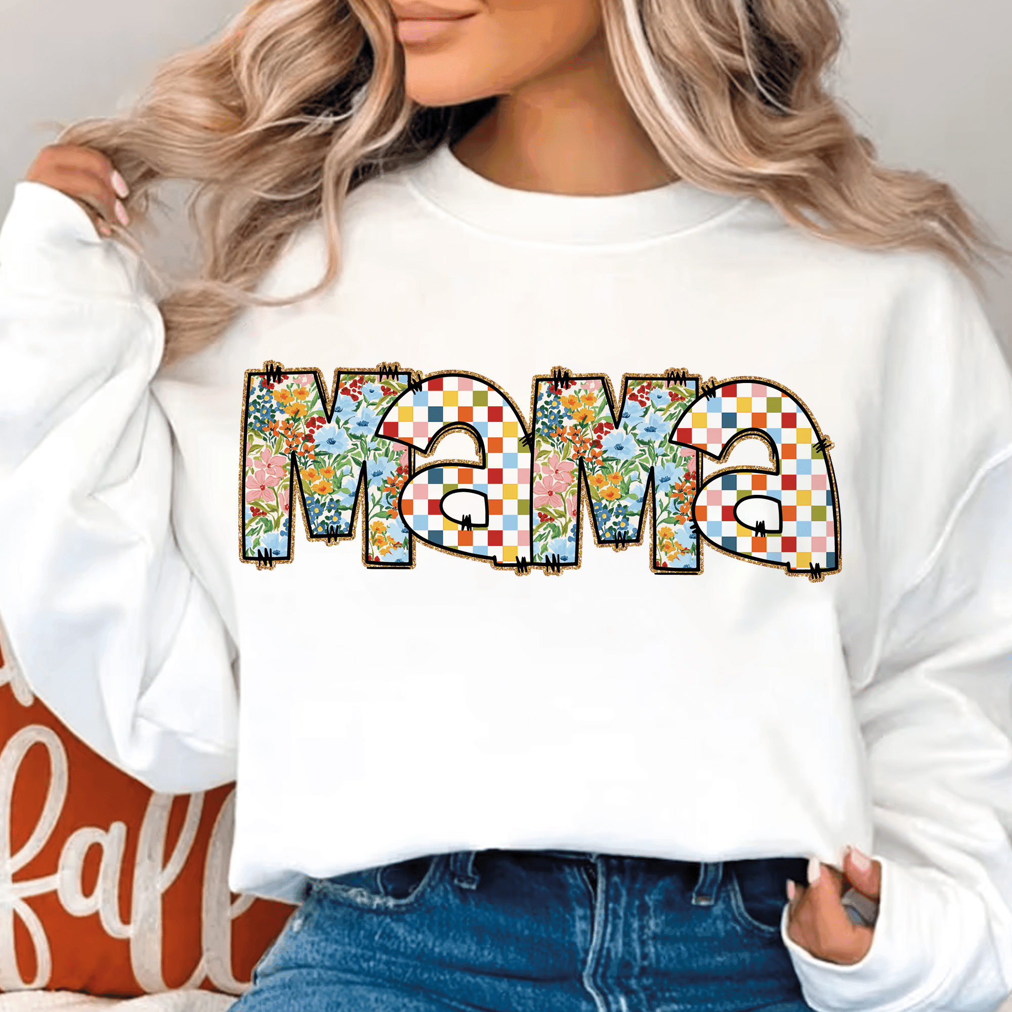 Bügelbild Mama – Blumen & Retro-Karomuster PNG für Muttertag - Sewando