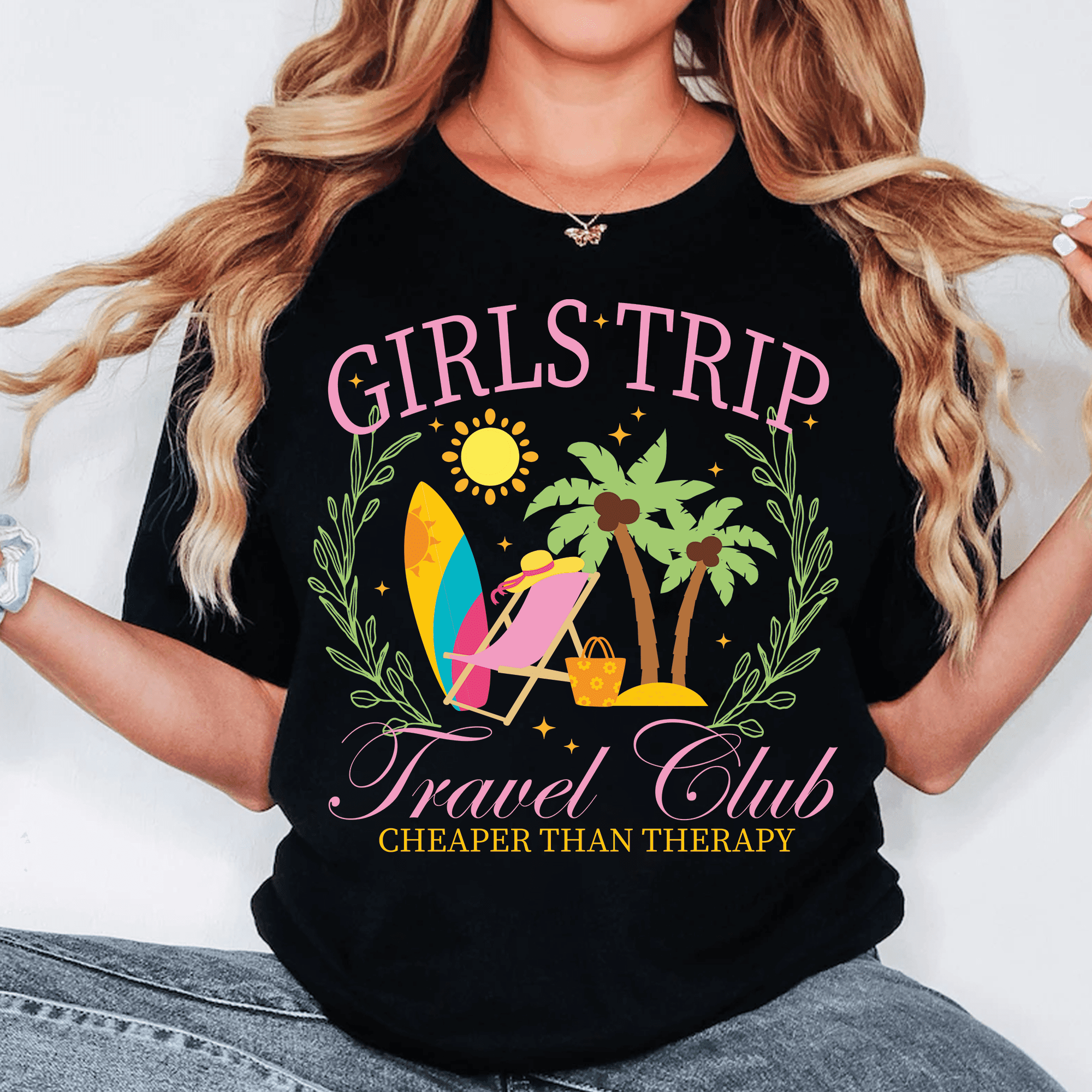 Girls Trip Bügelbild für JGA – Travel Club Grafik mit Palmen, Strand & Sonnenliege - Sewando