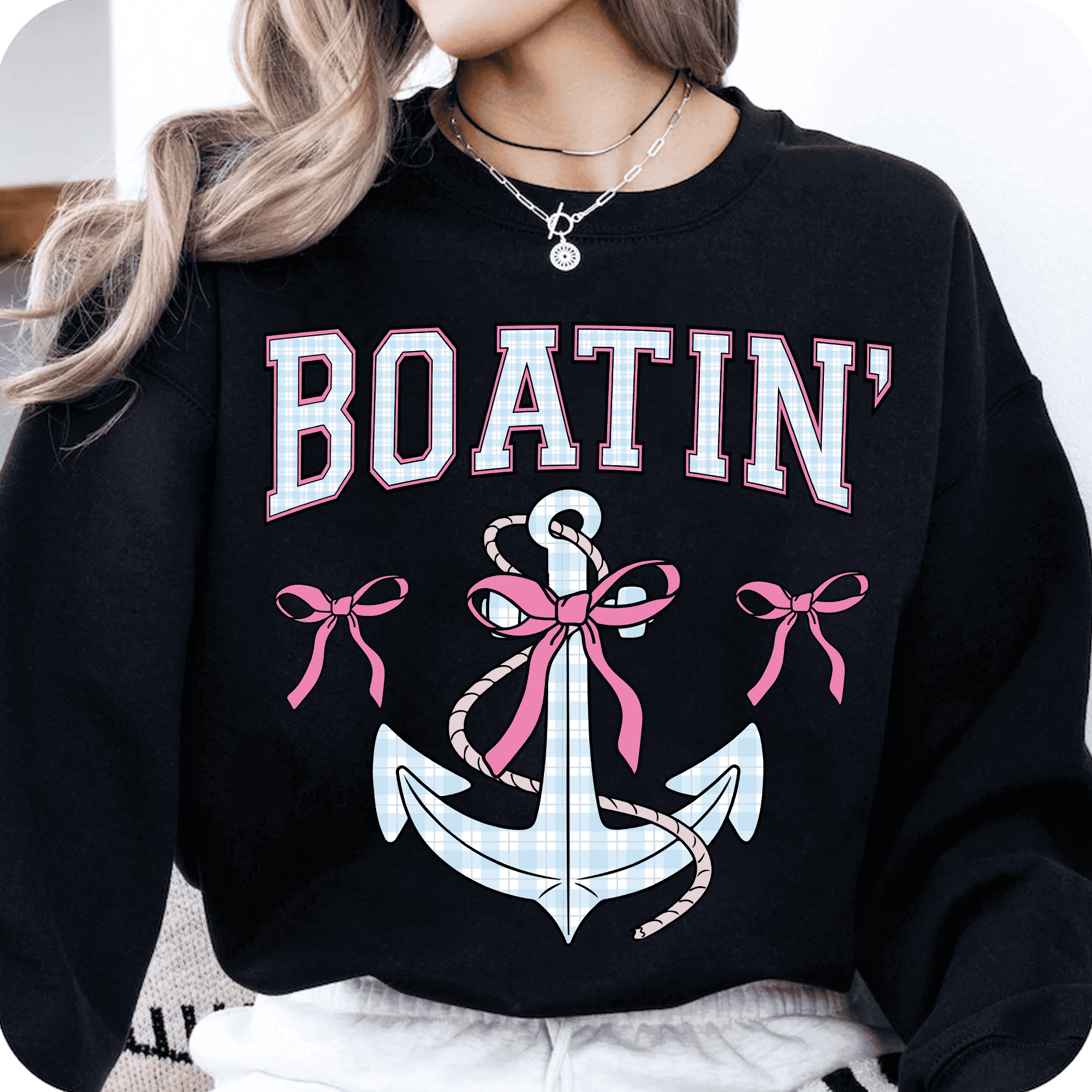 Boatin’ Anker Bügelbild– Maritimes PNG Design mit Schleifen & Karo - Sewando