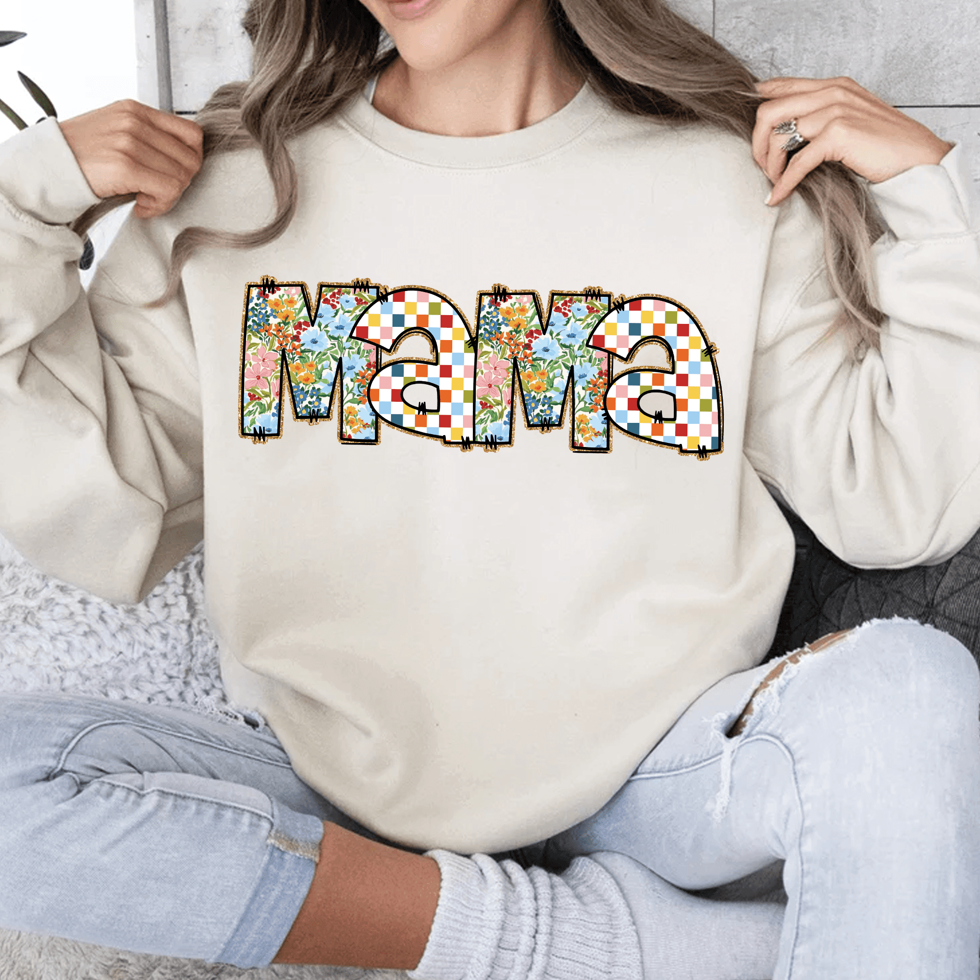 Bügelbild Mama – Blumen & Retro-Karomuster PNG für Muttertag - Sewando
