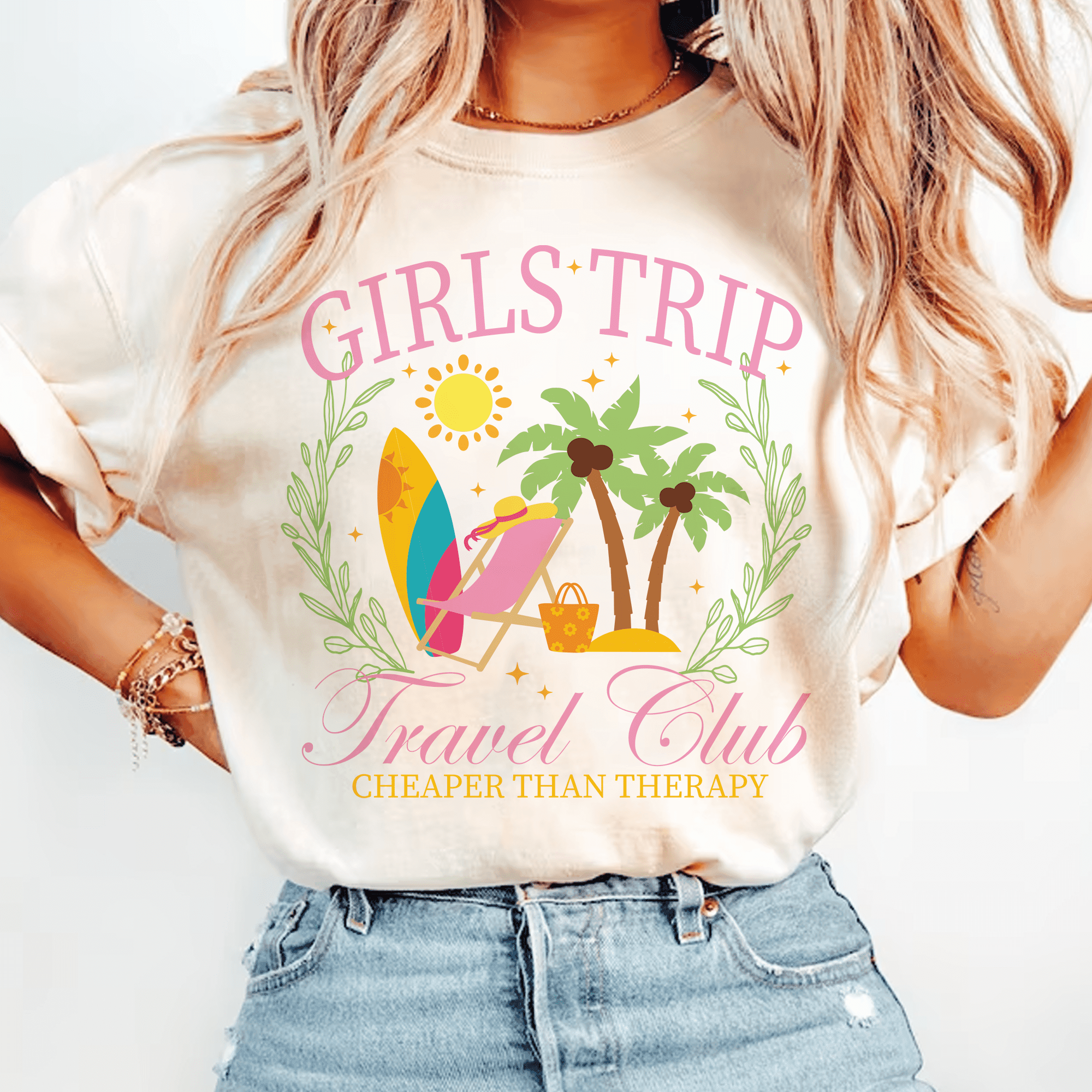 Girls Trip Bügelbild für JGA – Travel Club Grafik mit Palmen, Strand & Sonnenliege - Sewando