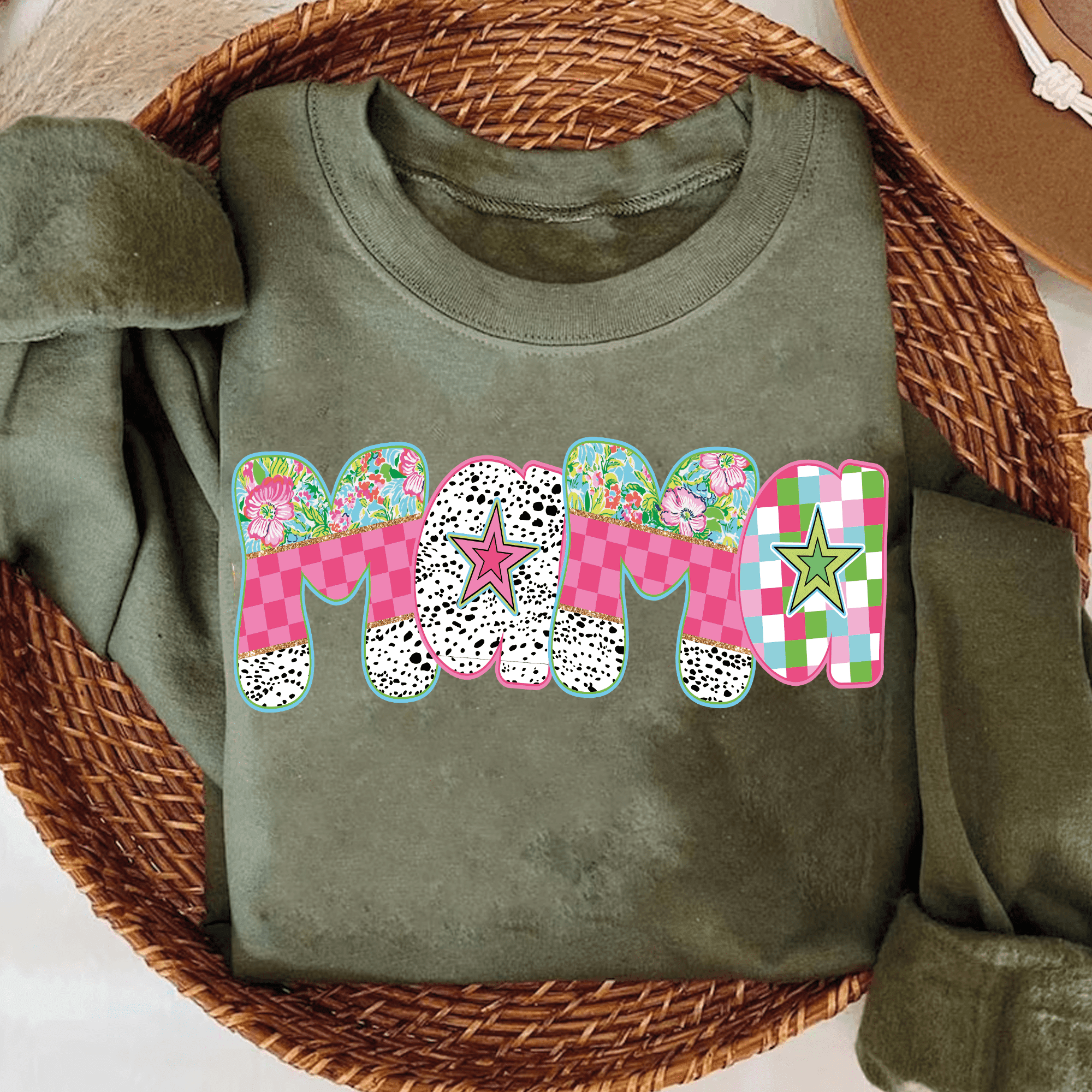 Bügelbild Mama – Florales Patchwork mit Sternen im Retro-Stil | PNG - Sewando