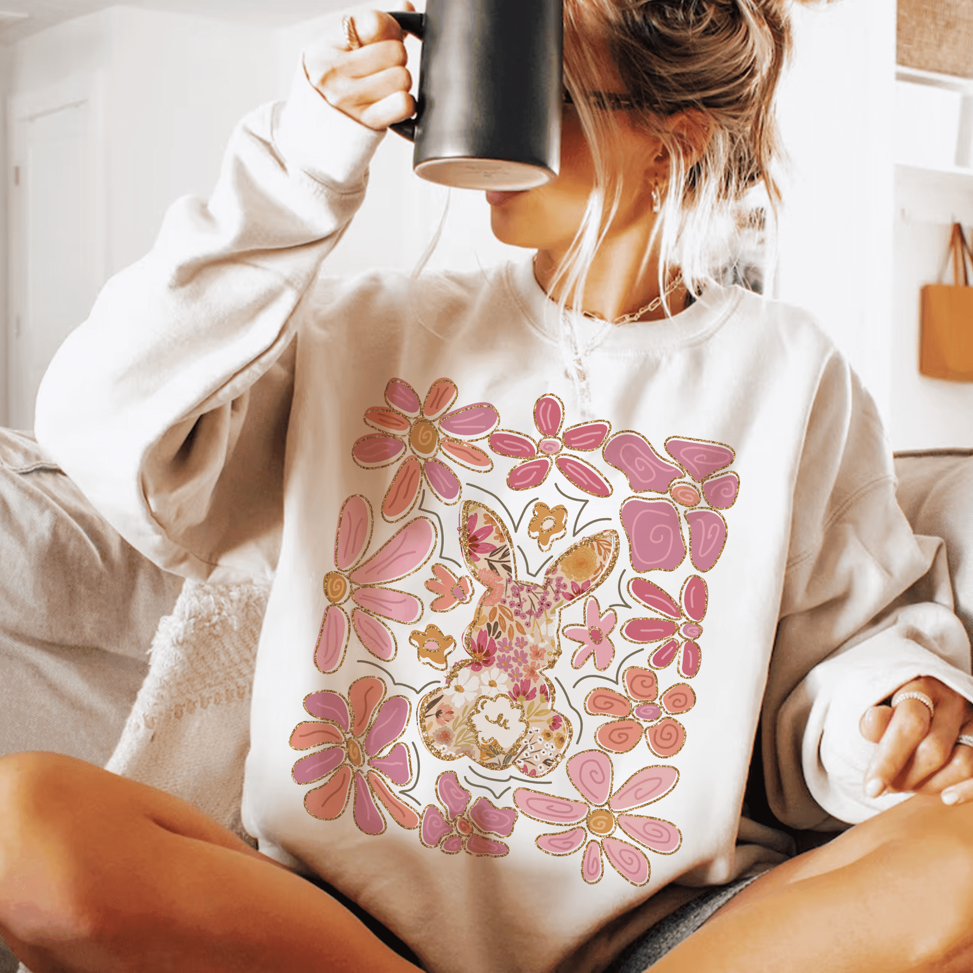 Boho Osterhase mit Blumen – PNG Bügelbild für DIY-Projekte & Frühling - Sewando