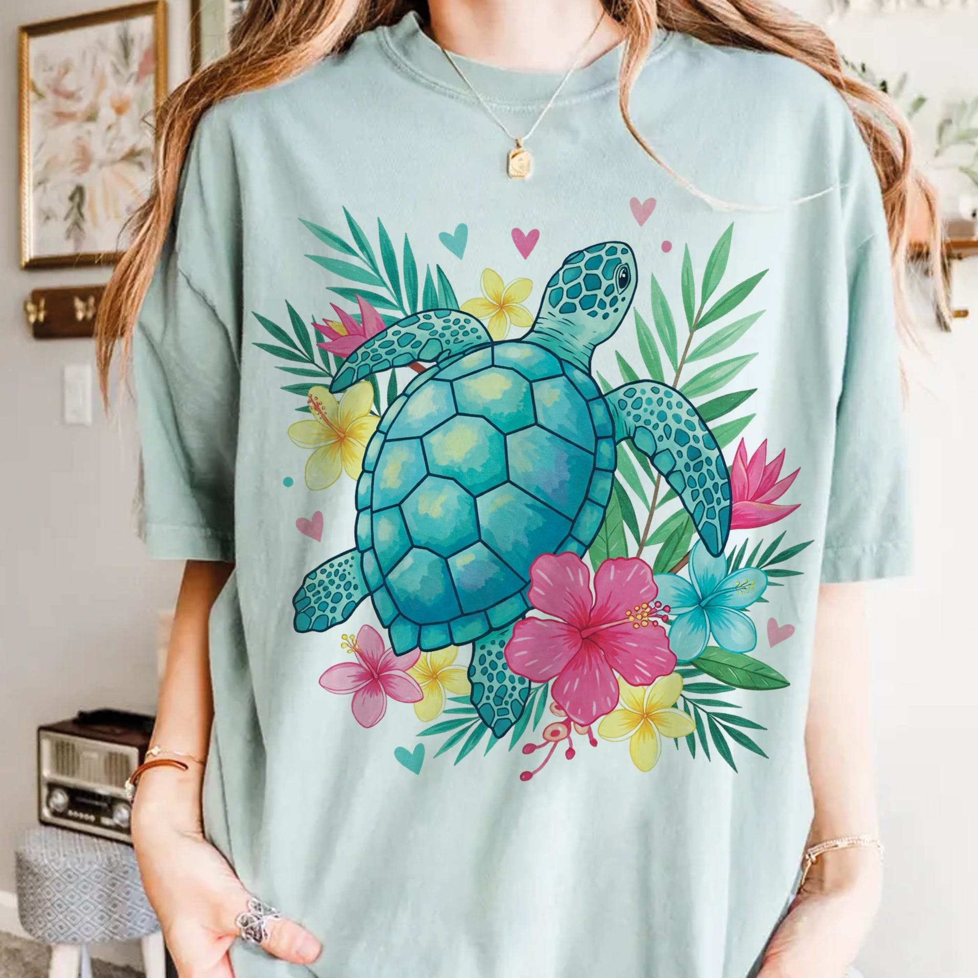 Tropisches Sublimationsdesign „Floral Sea Turtle“ – bunte Meeresschildkröte mit Hibiskus & Palmen 🌴🐢 - Sewando