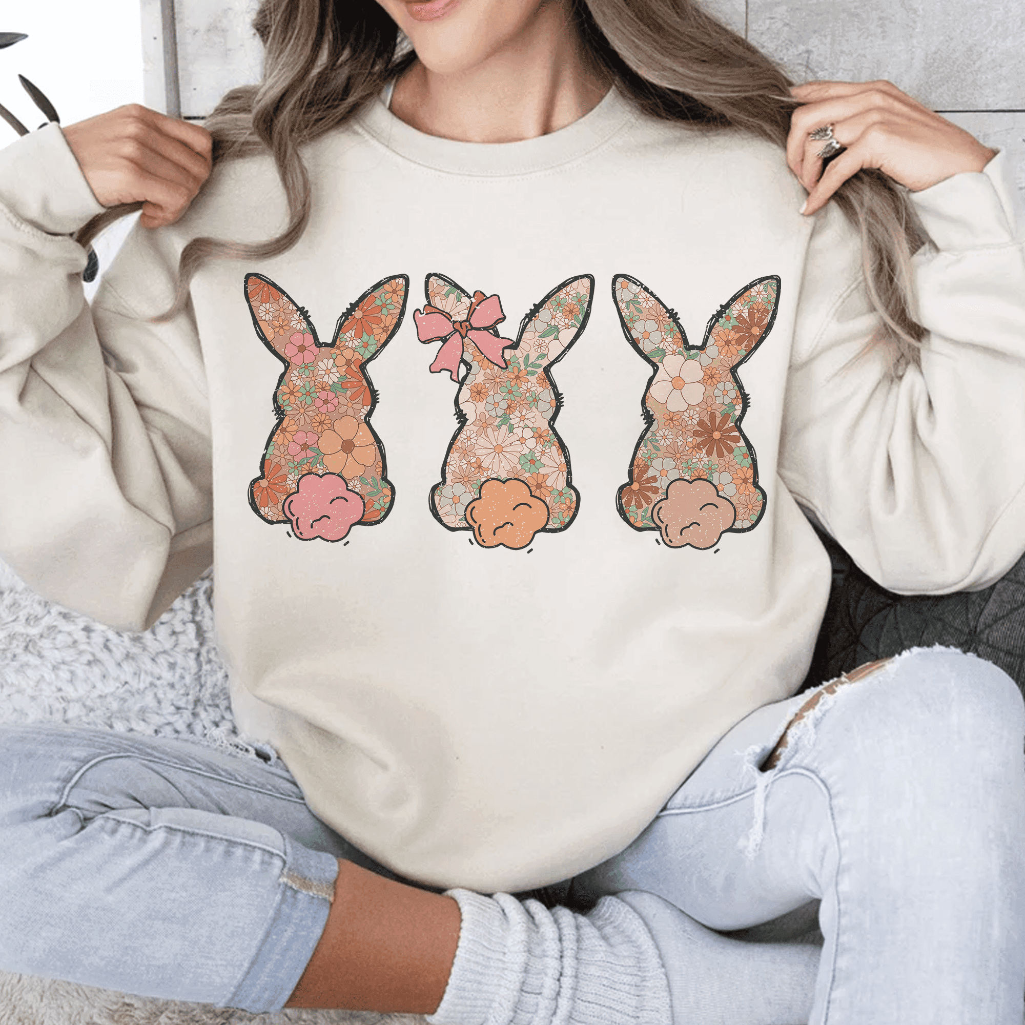 Bügelbild Drei florale Osterhasen – Frühlingshafte PNG Datei für DIY & Kleidung - Sewando