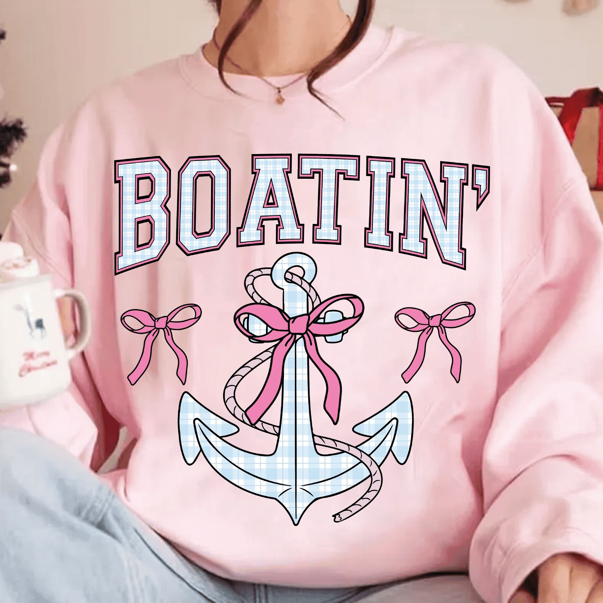 Boatin’ Anker Bügelbild– Maritimes PNG Design mit Schleifen & Karo - Sewando