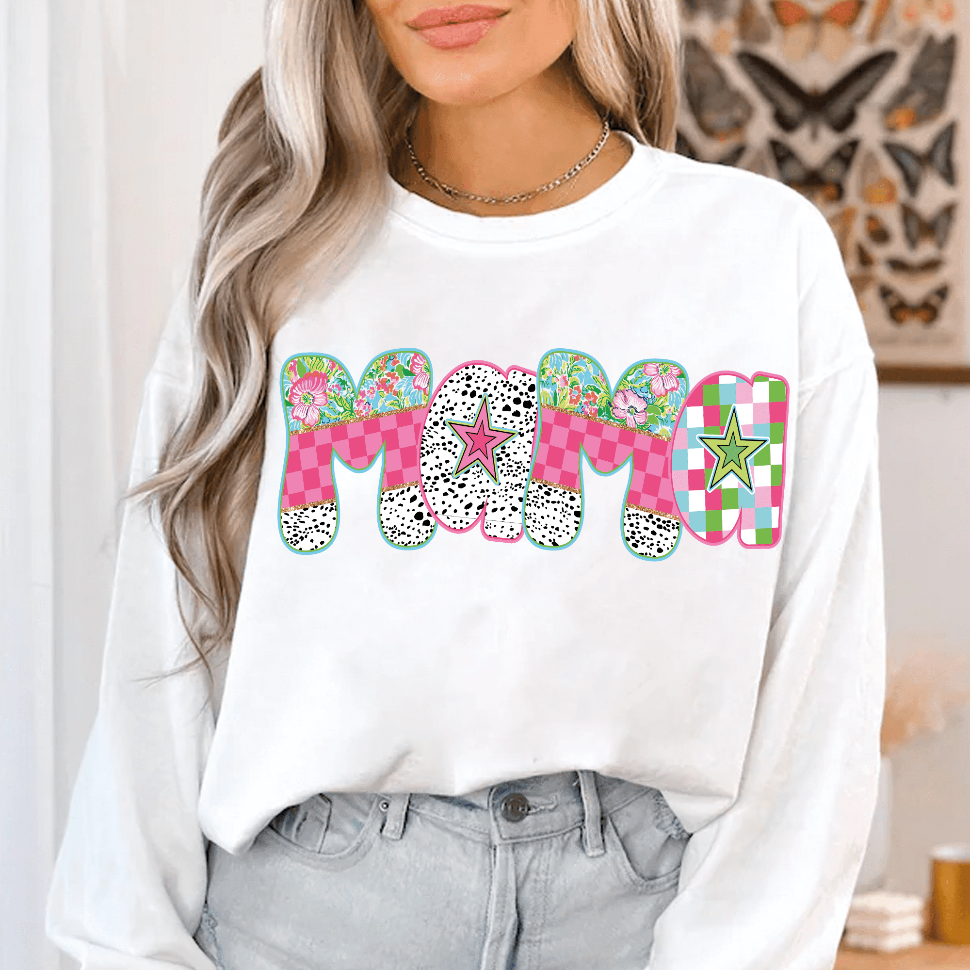 Bügelbild Mama – Florales Patchwork mit Sternen im Retro-Stil | PNG - Sewando