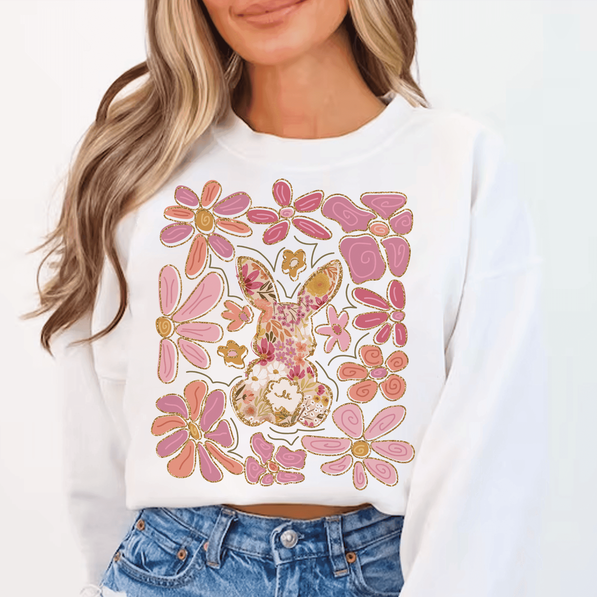 Boho Osterhase mit Blumen – PNG Bügelbild für DIY-Projekte & Frühling - Sewando