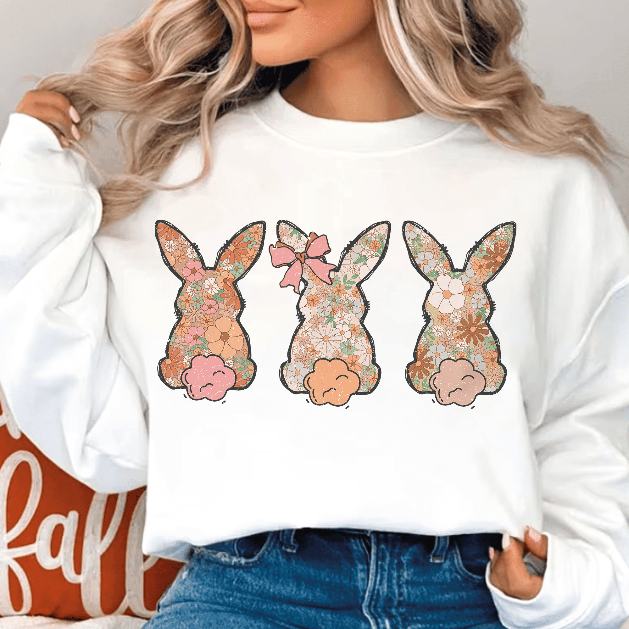 Bügelbild Drei florale Osterhasen – Frühlingshafte PNG Datei für DIY & Kleidung - Sewando