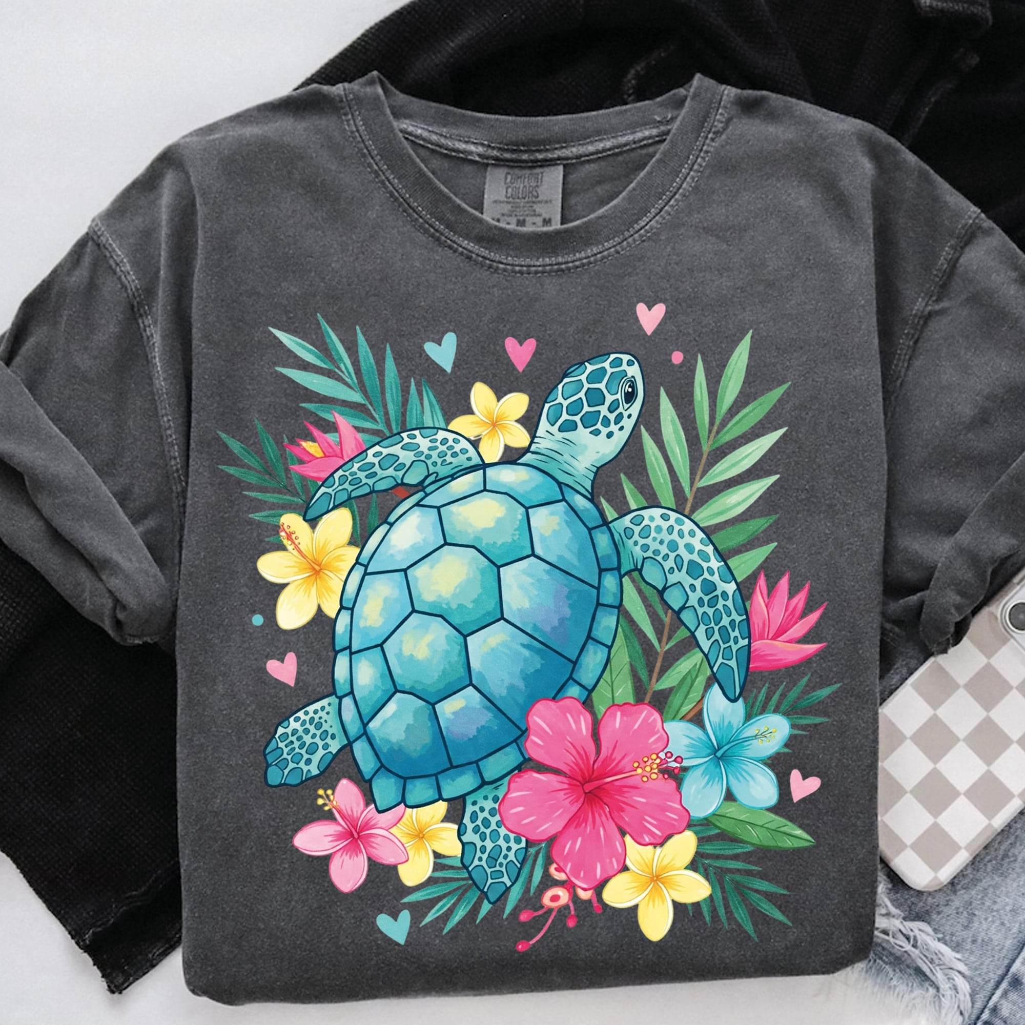 Tropisches Sublimationsdesign „Floral Sea Turtle“ – bunte Meeresschildkröte mit Hibiskus & Palmen 🌴🐢 - Sewando