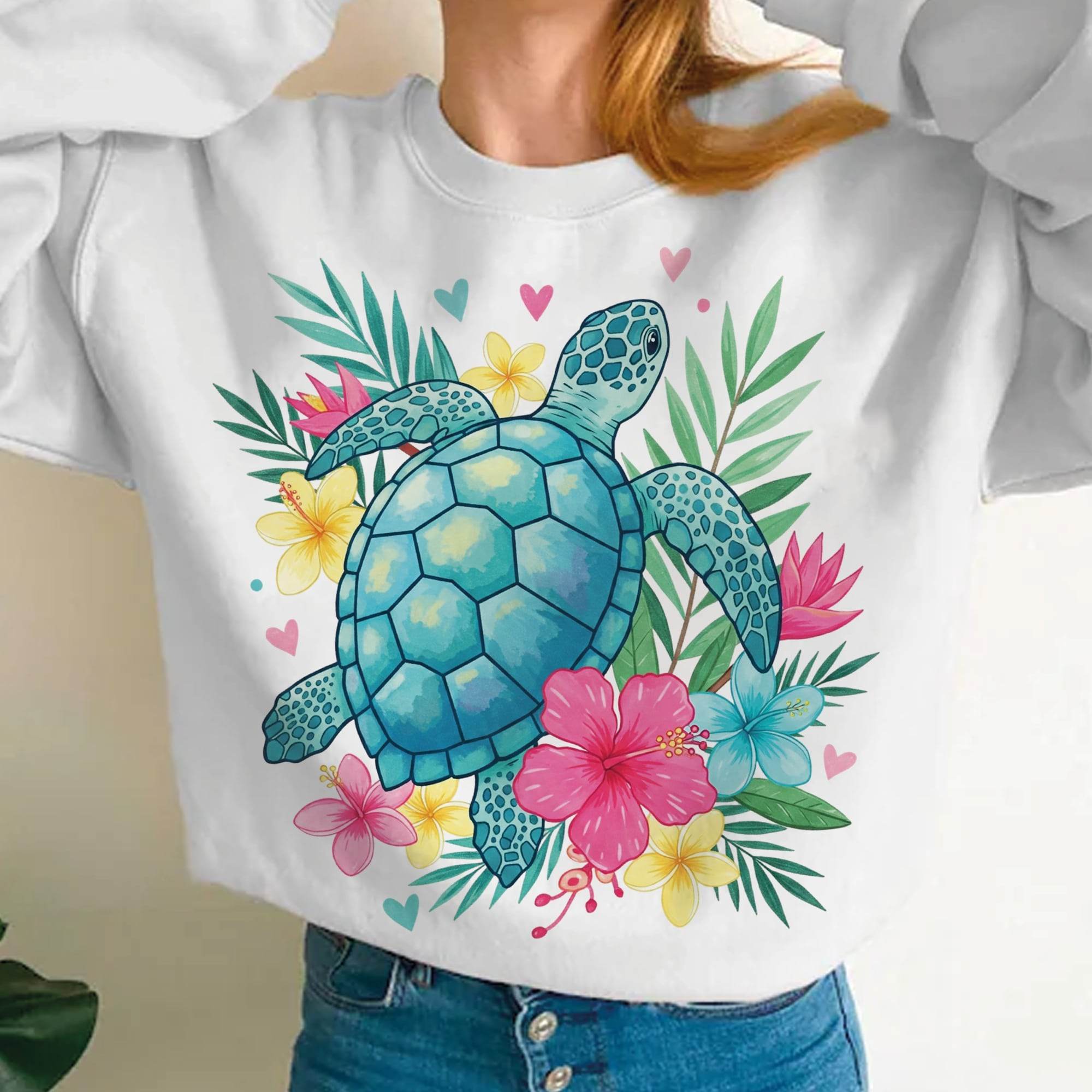 Tropisches Sublimationsdesign „Floral Sea Turtle“ – bunte Meeresschildkröte mit Hibiskus & Palmen 🌴🐢 - Sewando