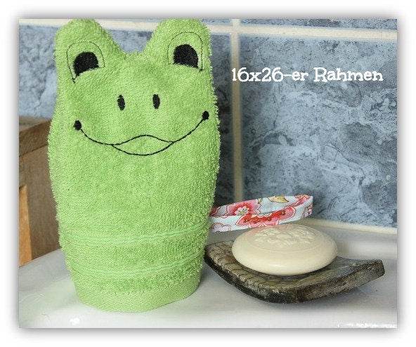 Frosch-Waschlappen Stickdatei ITH 16x26 Teich Baby Geschenk Garten - Sewando
