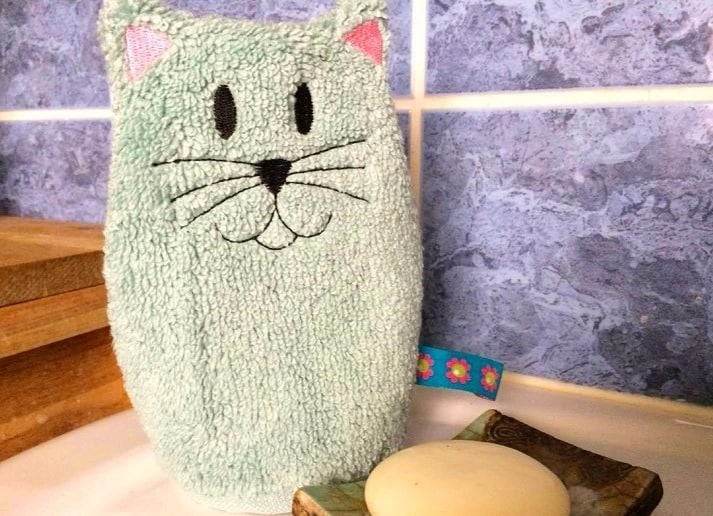 Katzen-Waschlappen Stickdatei ITH 13x18 Waschhandschuh Katze Geburt Geschenk Baby - Sewando