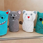 Stickdatei Waschlappen 4er Set 13 cm x 18 cm, Maus, Bär, Eule, Monster - Sewando