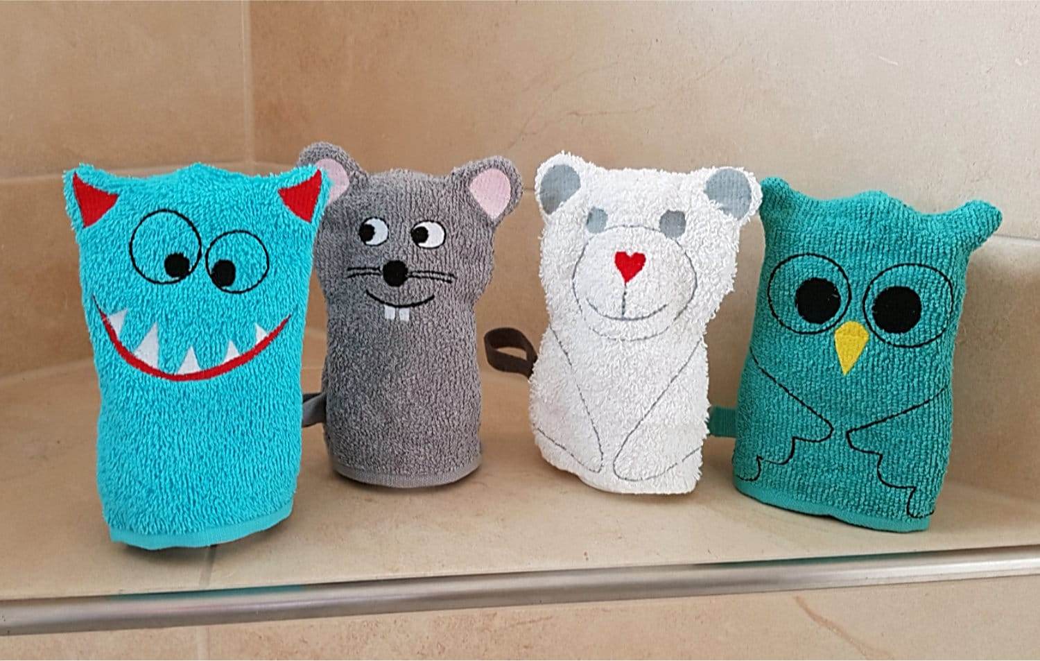 Stickdatei Waschlappen 4er Set 13 cm x 18 cm, Maus, Bär, Eule, Monster - Sewando