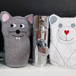 Stickdatei Waschlappen 4er Set 13 cm x 18 cm, Maus, Bär, Eule, Monster - Sewando