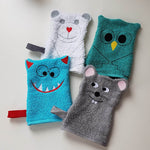 Stickdatei Waschlappen 4er Set 13 cm x 18 cm, Maus, Bär, Eule, Monster - Sewando