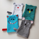 Stickdatei Waschlappen 4er Set 13 cm x 18 cm, Maus, Bär, Eule, Monster - Sewando