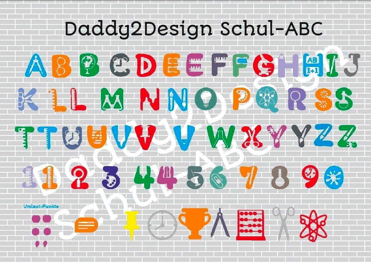 Das SCHUL-Alphabet zum selber gestalten 38 Buchstaben, Zahlen und Deko als Plotter und Laser-Datei als SVG und DXF und png zum drucken - Sewando