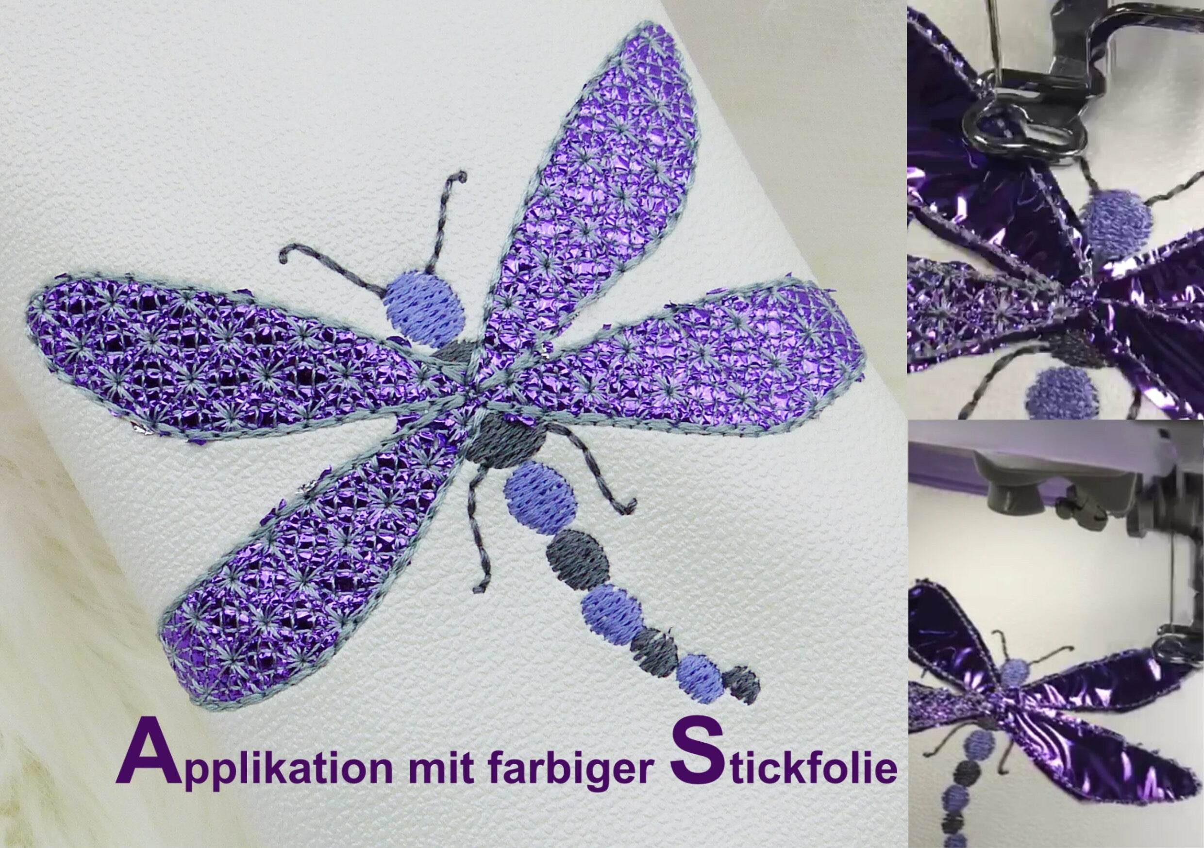 Stick Applikation Libelle für farbige Stickfolie, zwei Größen - Sewando
