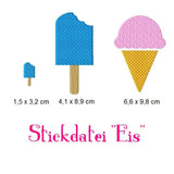 Stickdatei "Eis" 10x10 cm Applikation Eiscreme Sommer Sommerlaune Ferien Urlaub Eis am Stil Eistüte