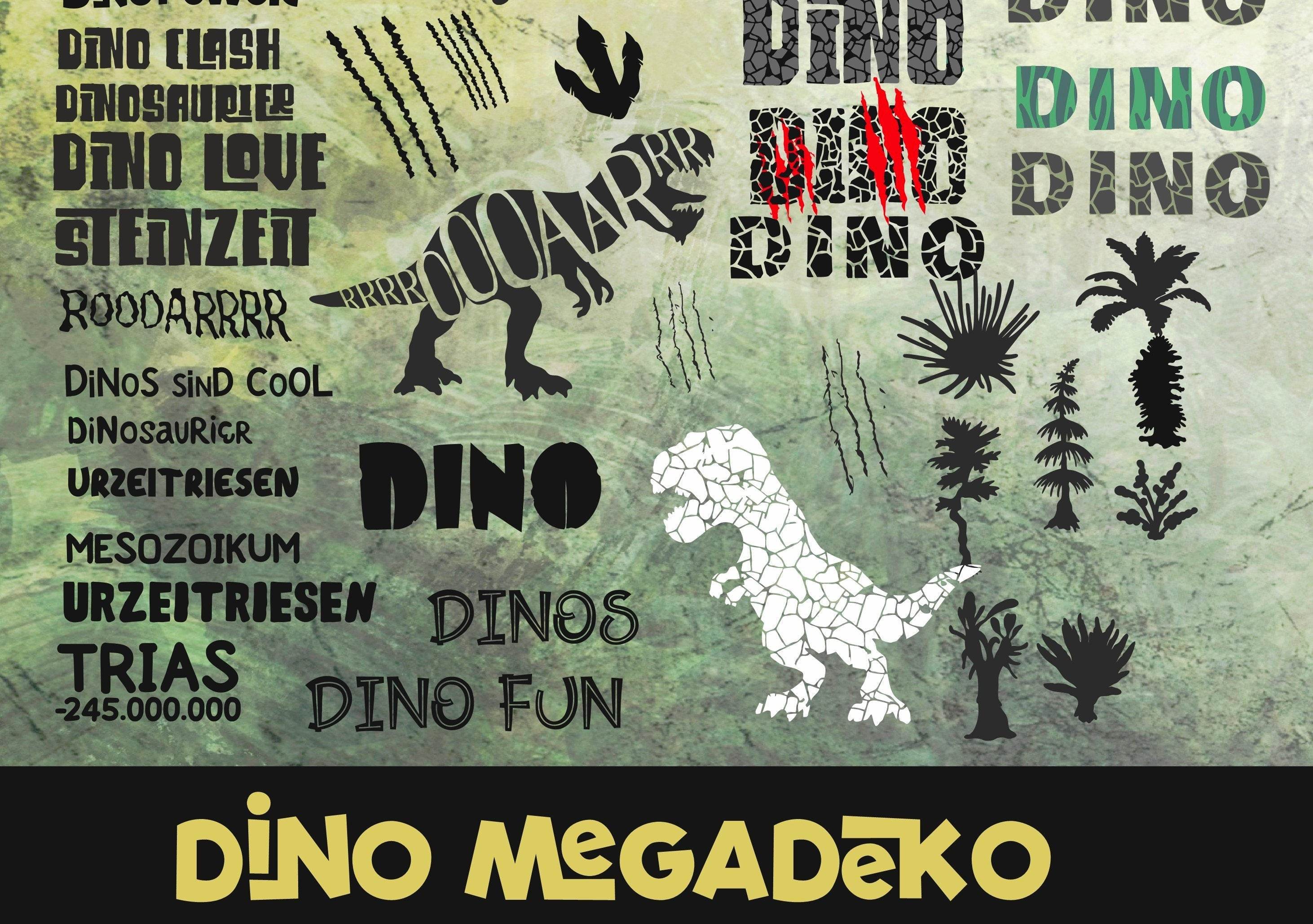 Dino Power Dinosaurier Mega-Deko über 20 Elemente & Bonus Trash und Splash, Plotter und Laser-Datei als SVG und DXF und png zum drucken - Sewando