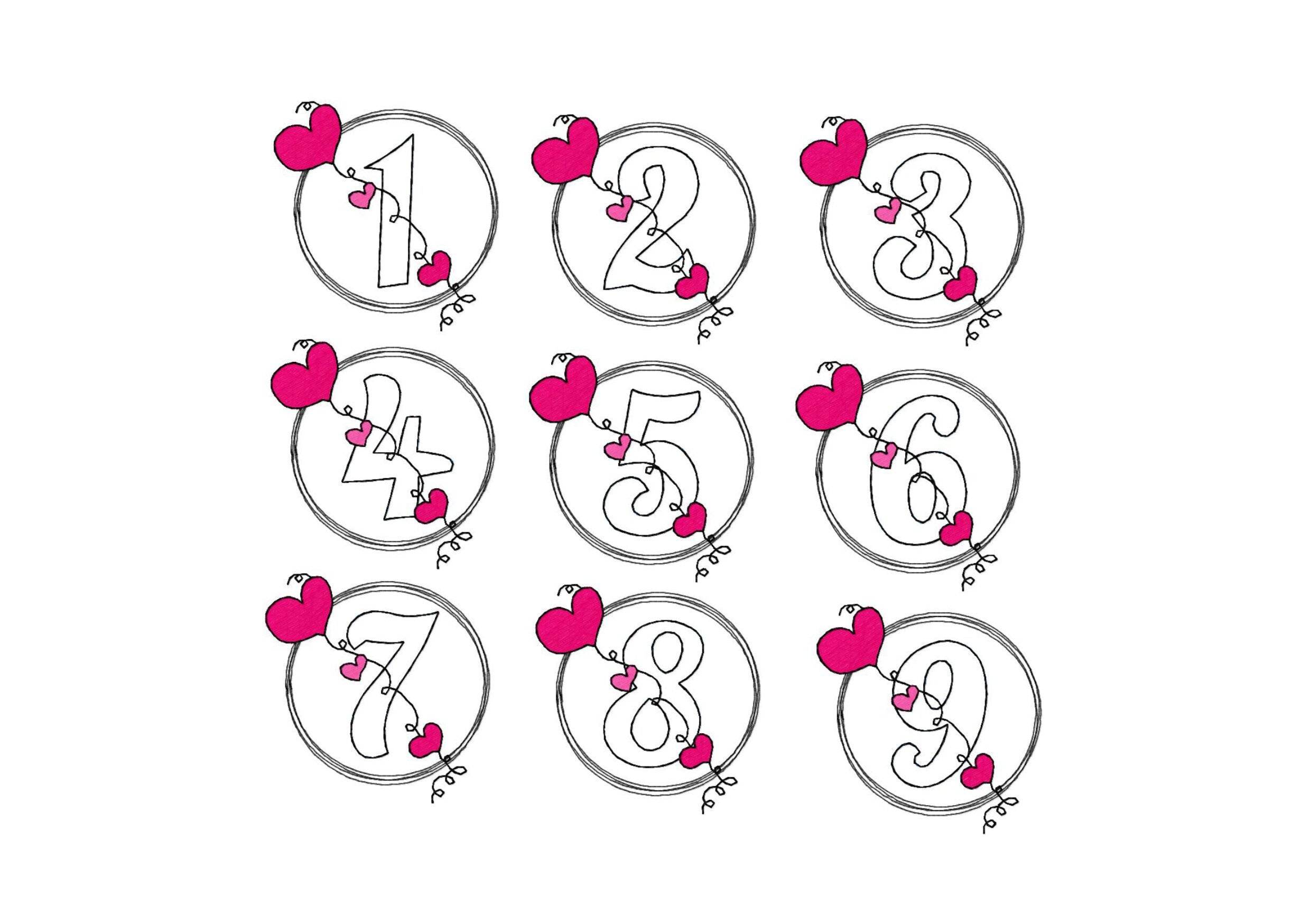 Stickdatei Geburtstags-Zahlen 1 bis 9 - Doodle Button Herz - Sewando