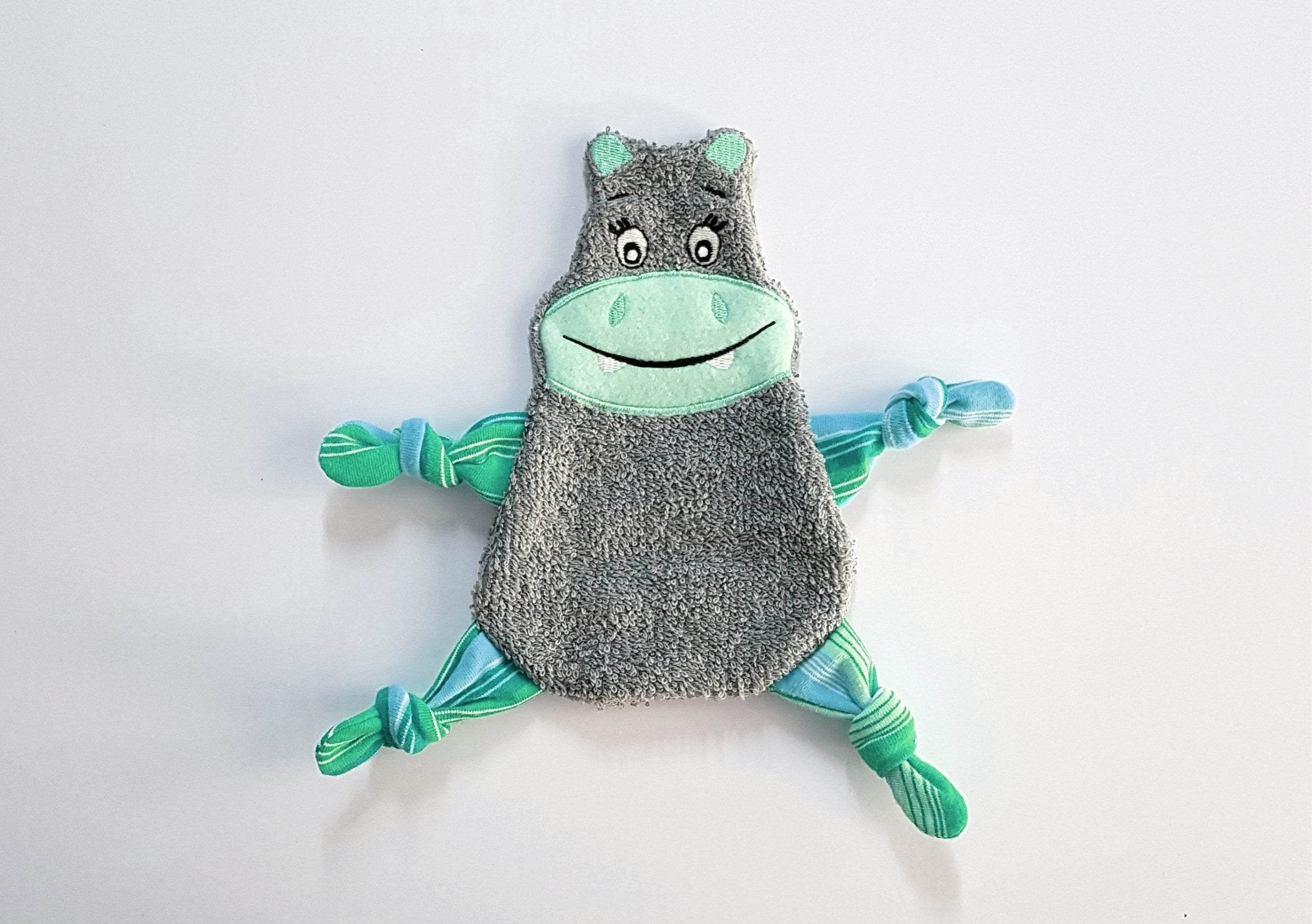 Stickdatei Nilpferd Kuscheltuch ITH für den Rahmen 13 cm x 18 cm, Schmusetuch, Kuscheltier - Sewando