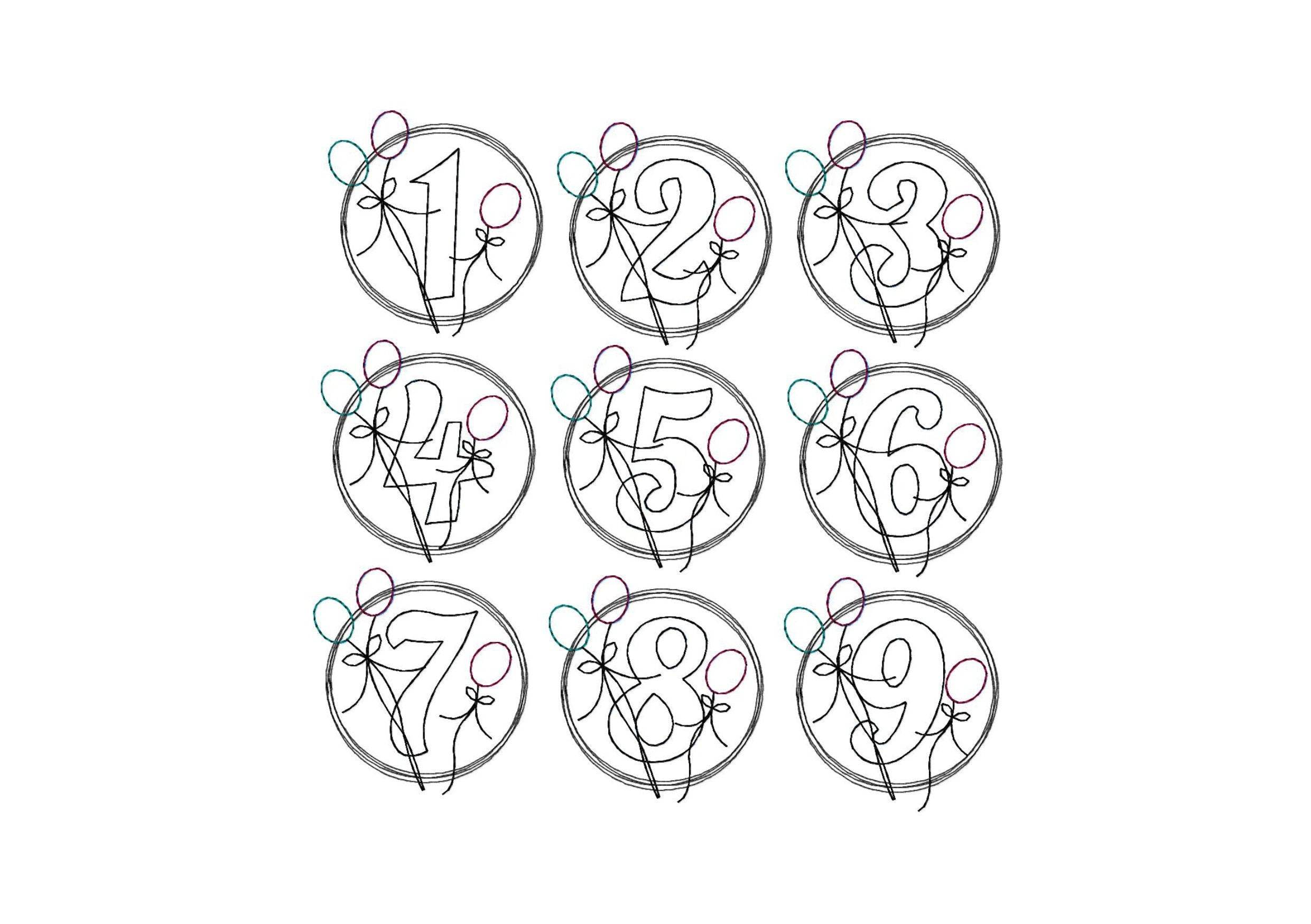 Stickdatei Geburtstags-Zahlen 1 bis 9 - Doodle Button - Sewando