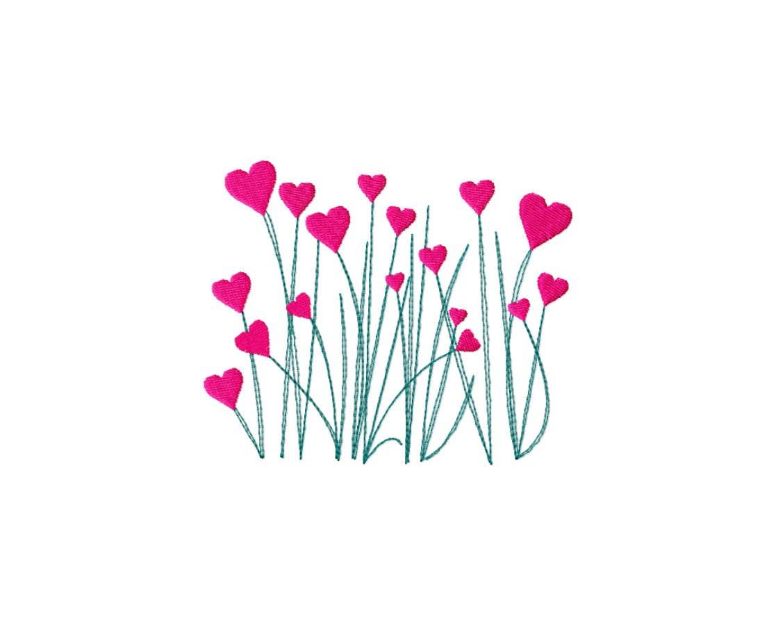 Stickdatei Herzchen in vier Größen, Wiese, Herz, Blumen - Sewando