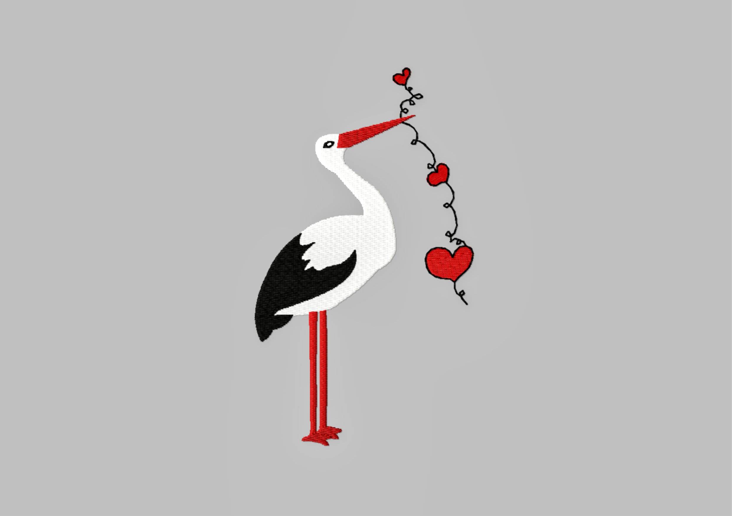 Stickdatei Storch - zwei Größen, Rahmen 10x10 und 13x18, Stickdesign, stork, Herz, heart - Sewando
