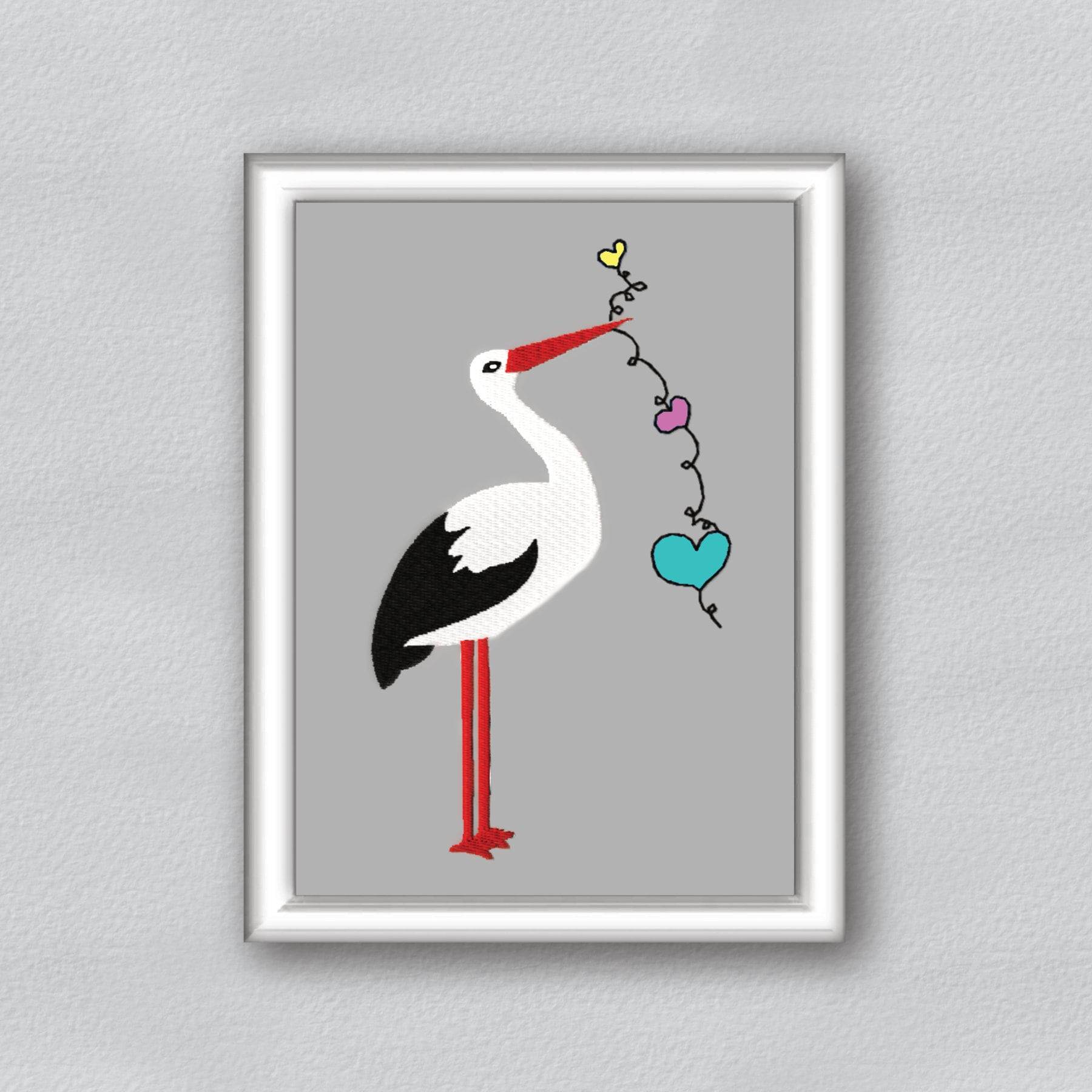 Stickdatei Storch - zwei Größen, Rahmen 10x10 und 13x18, Stickdesign, stork, Herz, heart - Sewando