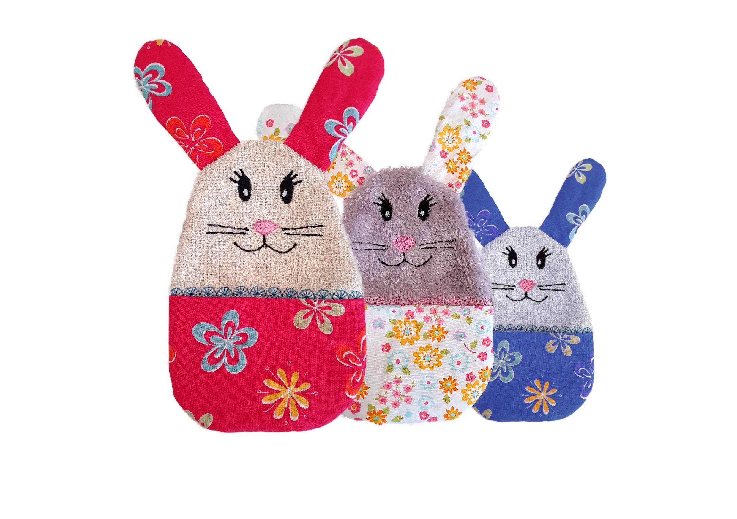 Stickdatei Hase Kuscheltuch mit Bauchtasche ITH in drei Größen, Schmusetuch, Kuscheltier, Kissen - Sewando
