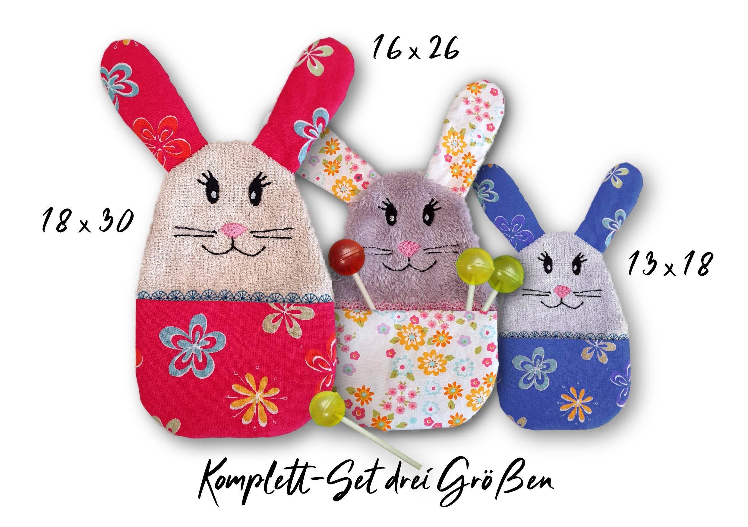 Stickdatei Hase Kuscheltuch mit Bauchtasche ITH in drei Größen, Schmusetuch, Kuscheltier, Kissen - Sewando