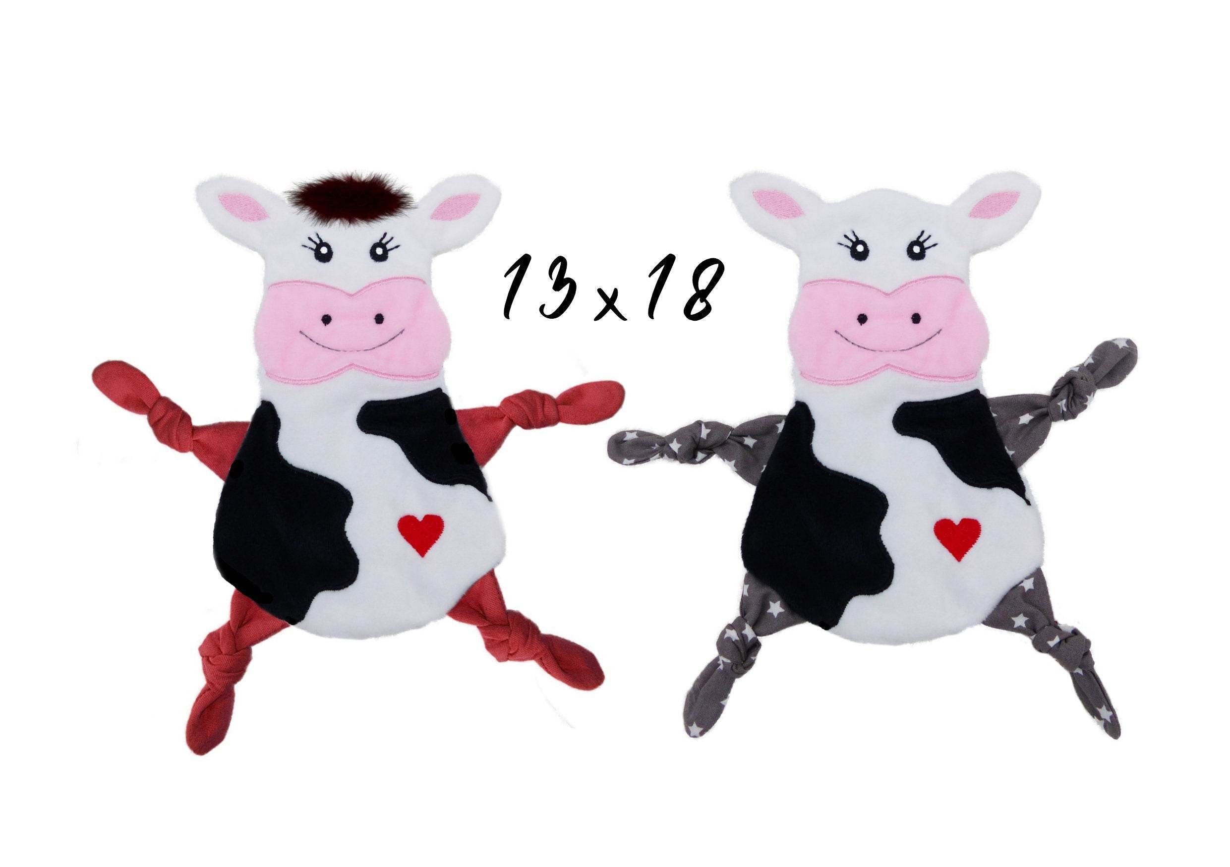Stickdatei Kuh Kuscheltuch ITH Rahmen 13 cm x 18 cm, Baby Schmusetuch, Kuscheltier, Schnuffeltuch - Sewando
