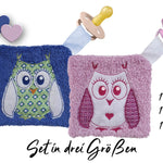 Stickdatei Schmusetuch Eule ITH drei Größen, Kuscheltuch, Schnuffeltuch, Schnuller, Nuckel - Sewando