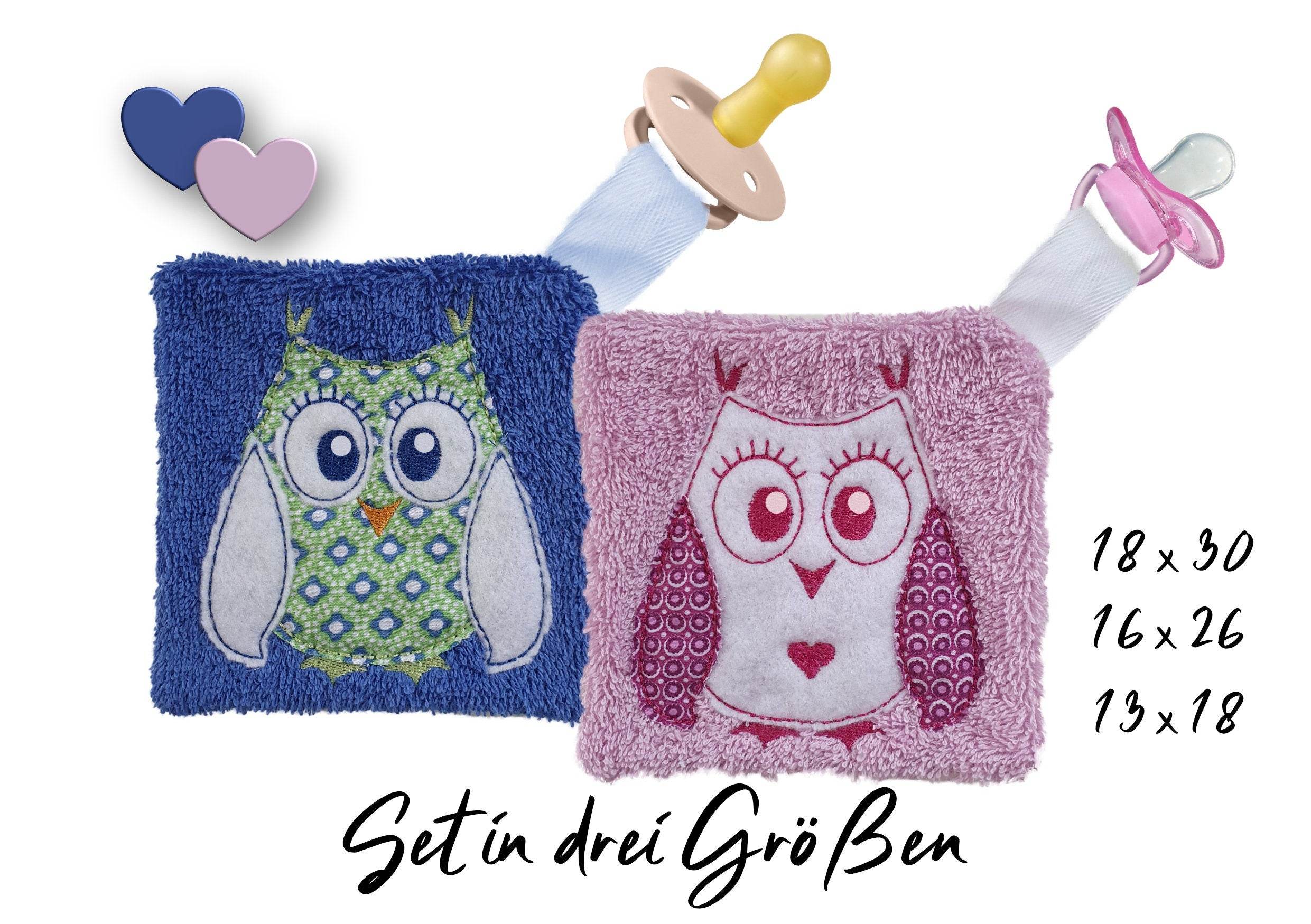 Stickdatei Schmusetuch Eule ITH drei Größen, Kuscheltuch, Schnuffeltuch, Schnuller, Nuckel - Sewando