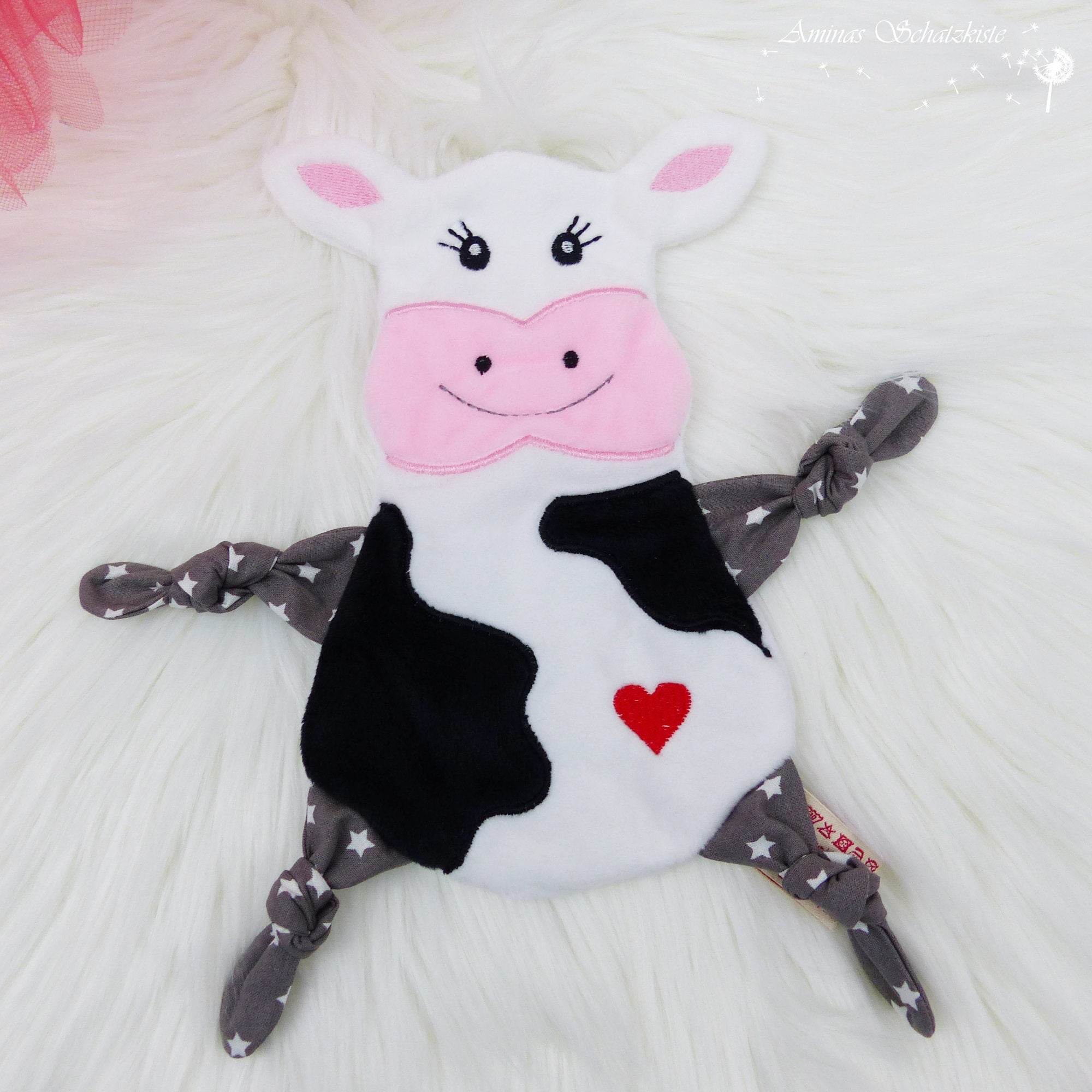 Stickdatei Kuh Kuscheltuch ITH Rahmen 13 cm x 18 cm, Baby Schmusetuch, Kuscheltier, Schnuffeltuch - Sewando