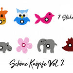 Stickdatei Schöne Knöpfe Vol. 2, sieben Motive, Knöpfe, Tiere, Eule, Giraffe, Elefant, Blume, Vogel, Nashorn - Sewando