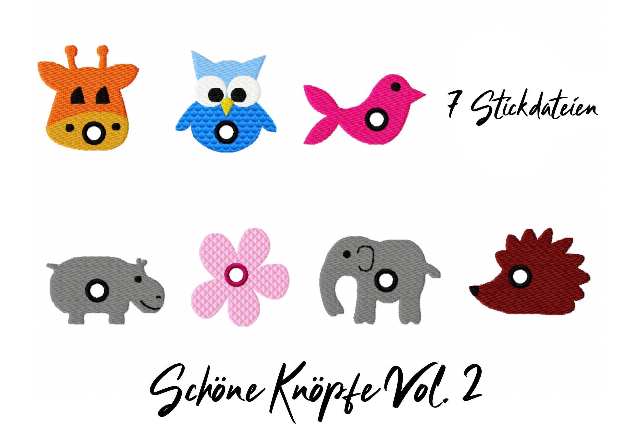 Stickdatei Schöne Knöpfe Vol. 2, sieben Motive, Knöpfe, Tiere, Eule, Giraffe, Elefant, Blume, Vogel, Nashorn - Sewando
