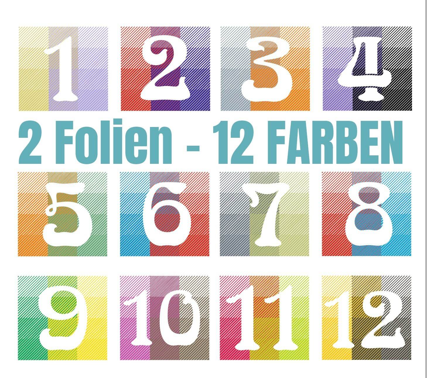 12 FARBEN - ZAHLEN 1 bis 12 - 12 Farben mit nur 2 Folien - ohne Template, PLOTTERDATEI als SVG und DXF - Sewando