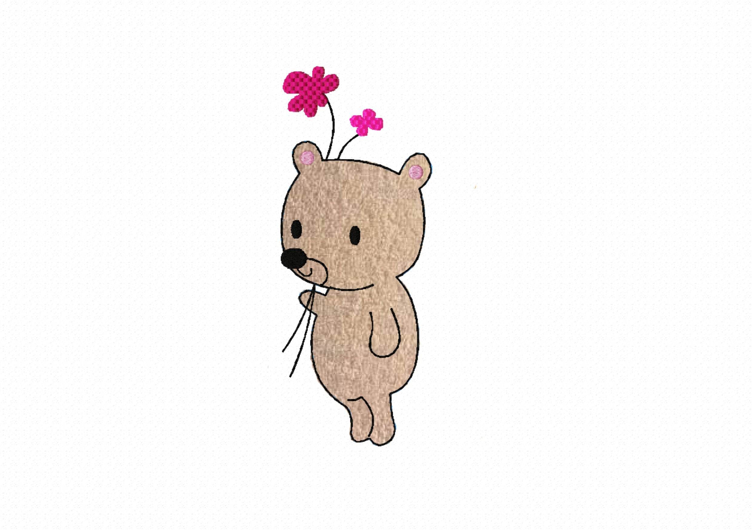 Stickdatei Bär Applikation 2 Größen, 10x10 und 13x18, Redwork, Blume, Aufnäher - Sewando
