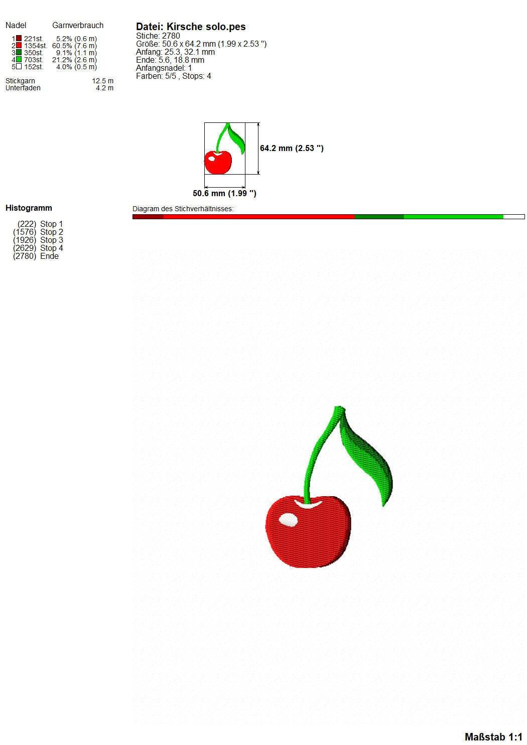 Stickdatei Kirschen - zwei Varianten, Rahmen ab 10 cm x 10 cm, Kirsche, Frucht - Sewando