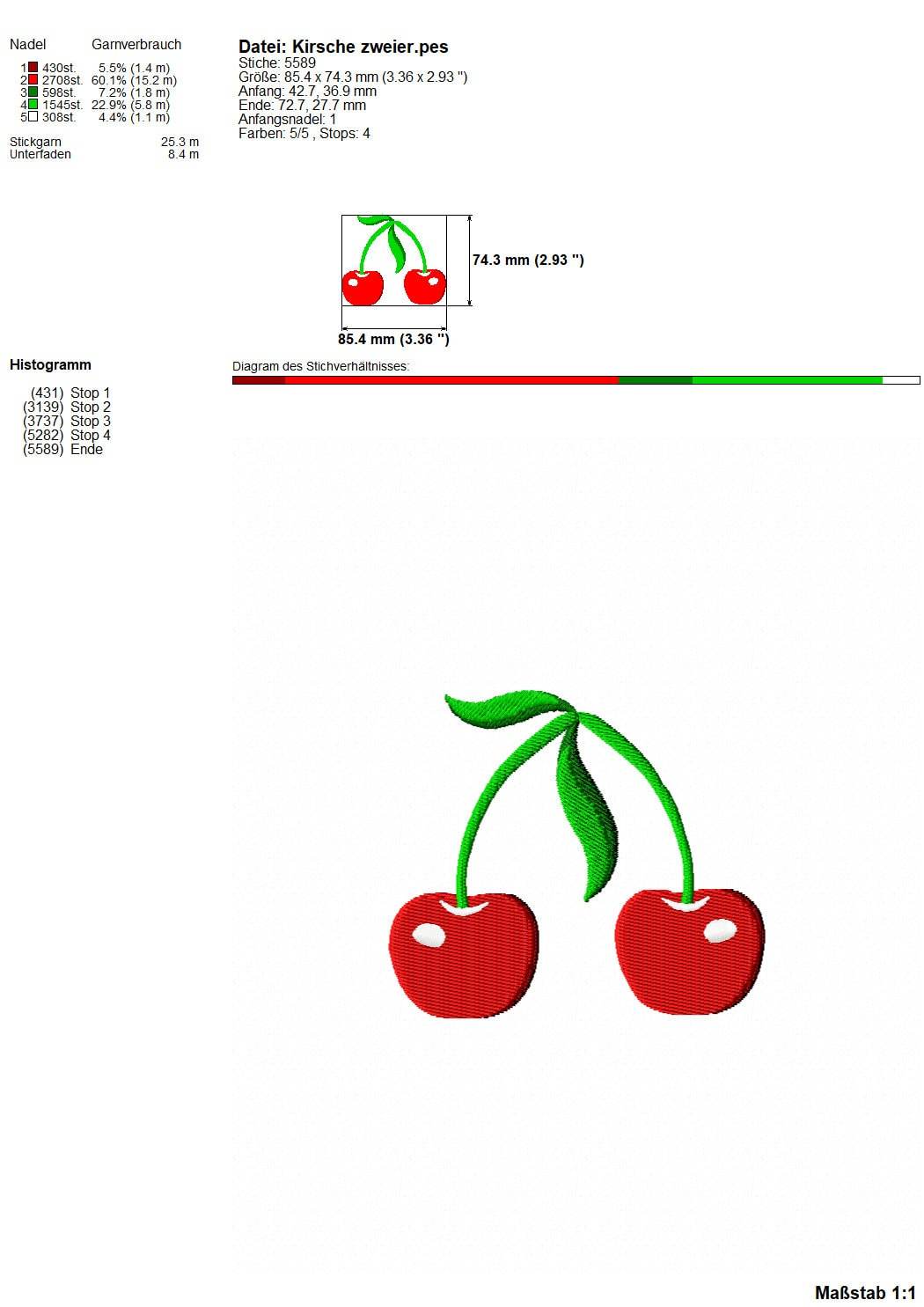 Stickdatei Kirschen - zwei Varianten, Rahmen ab 10 cm x 10 cm, Kirsche, Frucht - Sewando